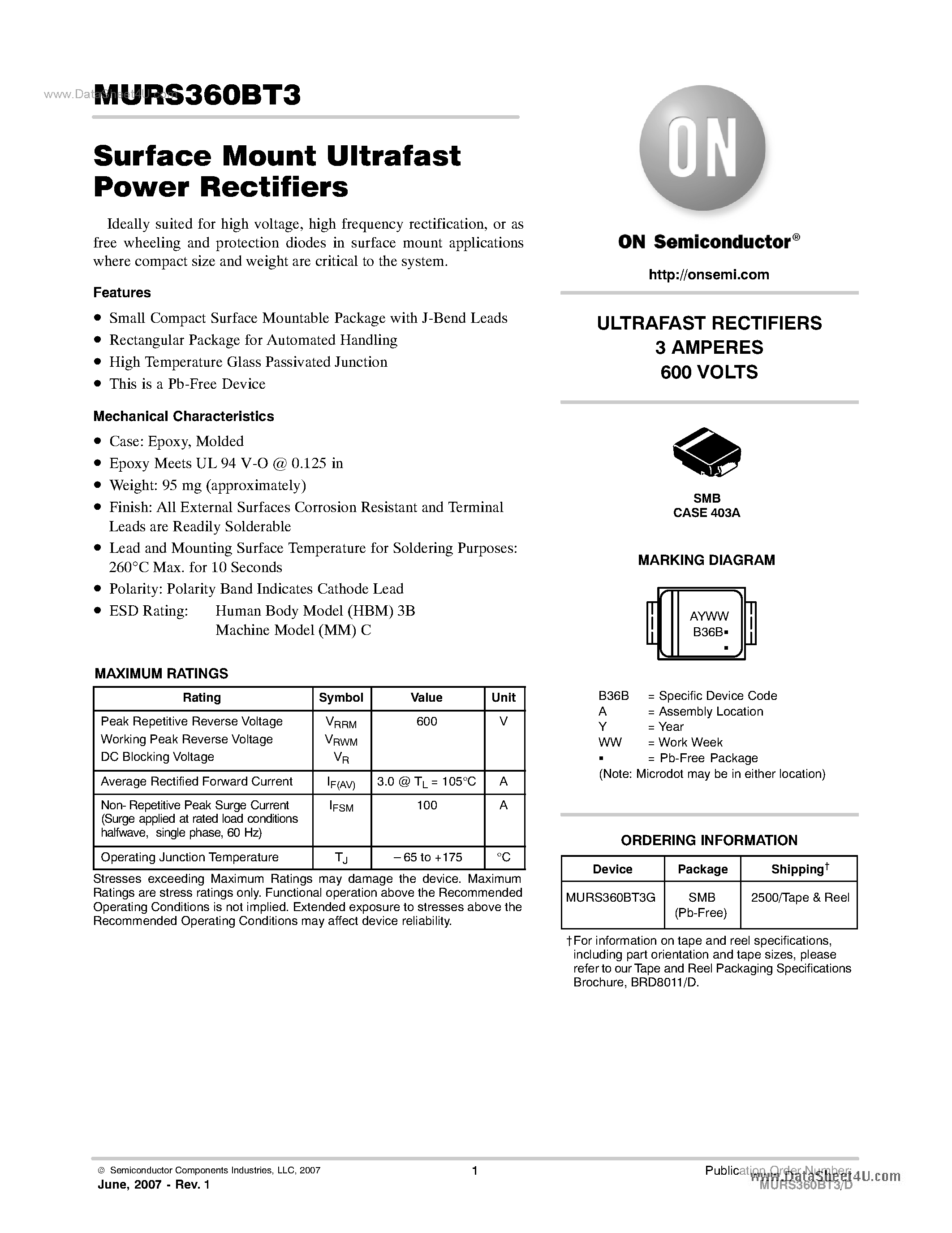 Datasheet MURS360BT3 - Surface Mount Ultrafast Power Rectifiers page 1