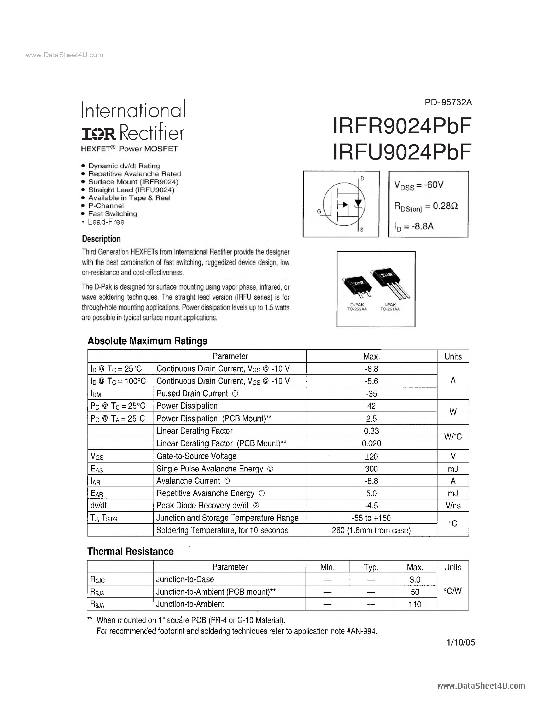 Datasheet IRFR9024PBF page 1 Datasheet IRFR9024PBF - HEXFET POWER MOSFET page 1