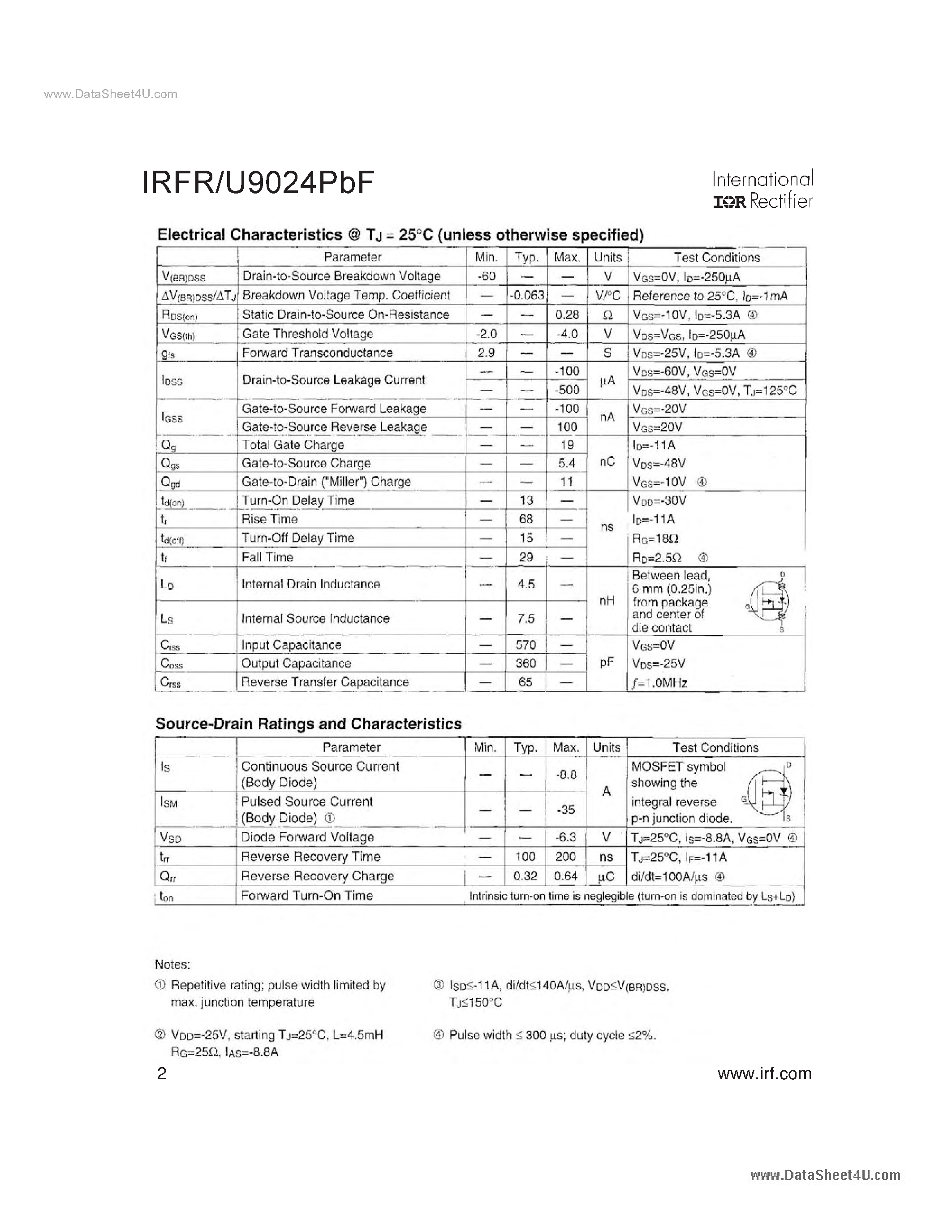 Datasheet IRFR9024PBF page 2 Datasheet IRFR9024PBF - HEXFET POWER MOSFET page 2