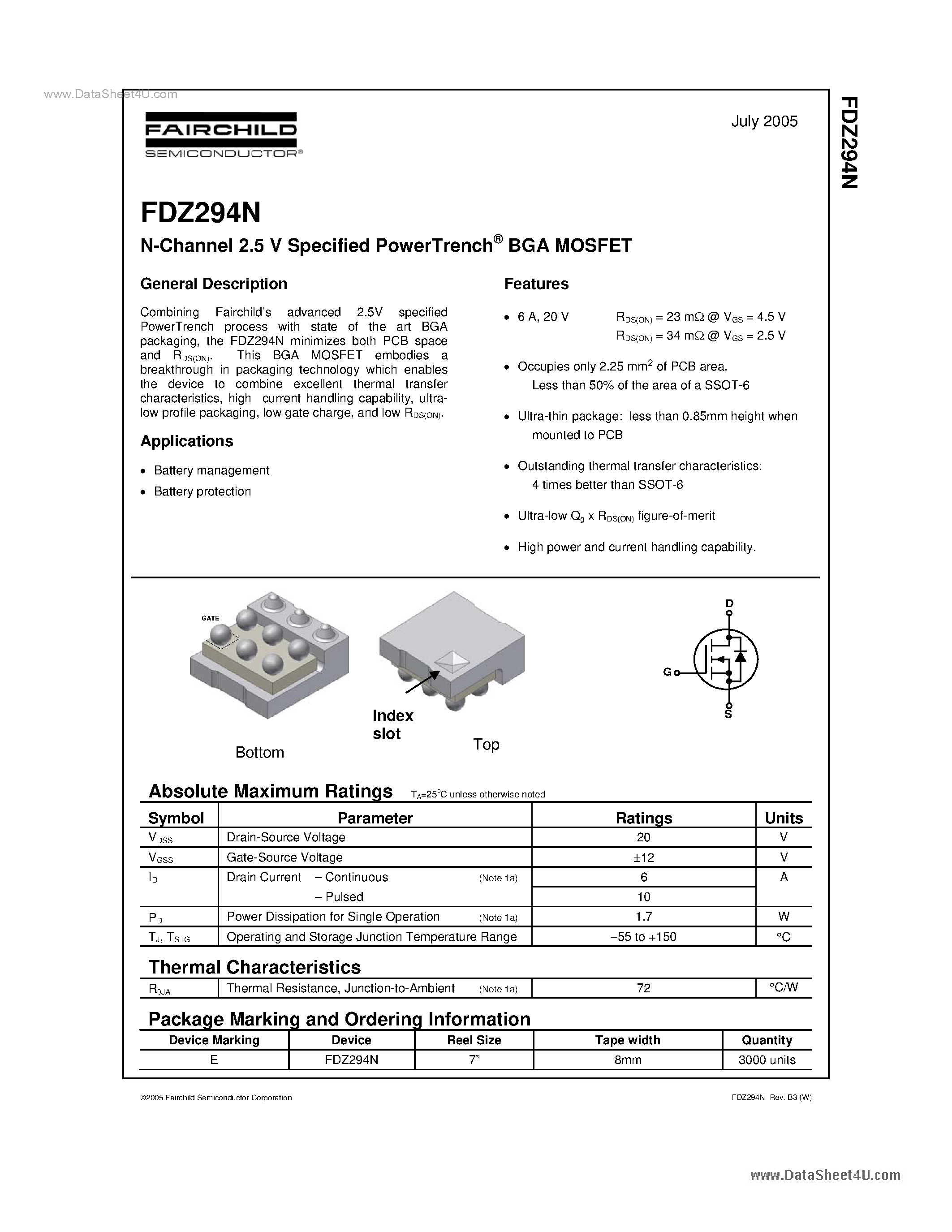 Datasheet FDZ294N - N-Channel 2.5 V Specified PowerTrench BGA MOSFET page 1