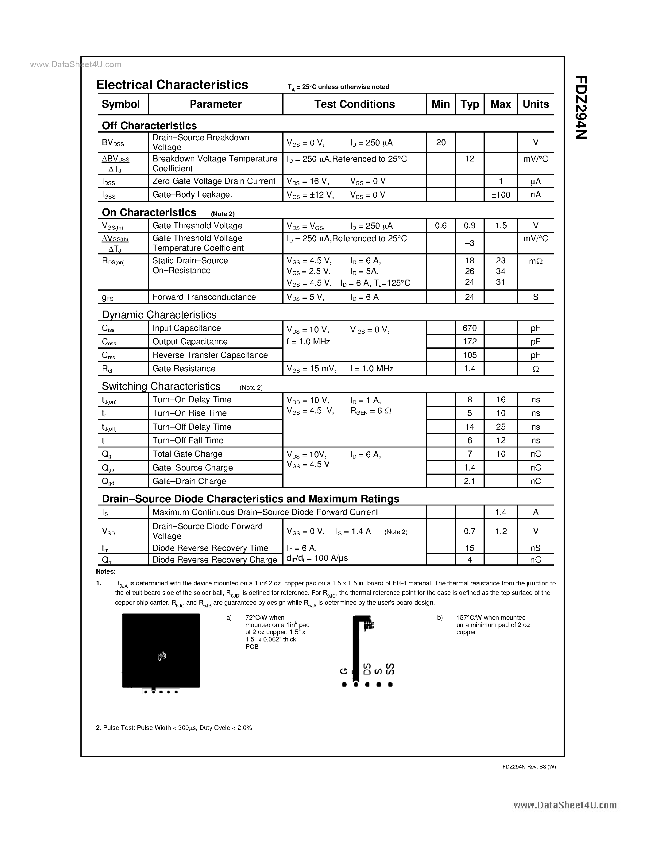 Datasheet FDZ294N - N-Channel 2.5 V Specified PowerTrench BGA MOSFET page 2