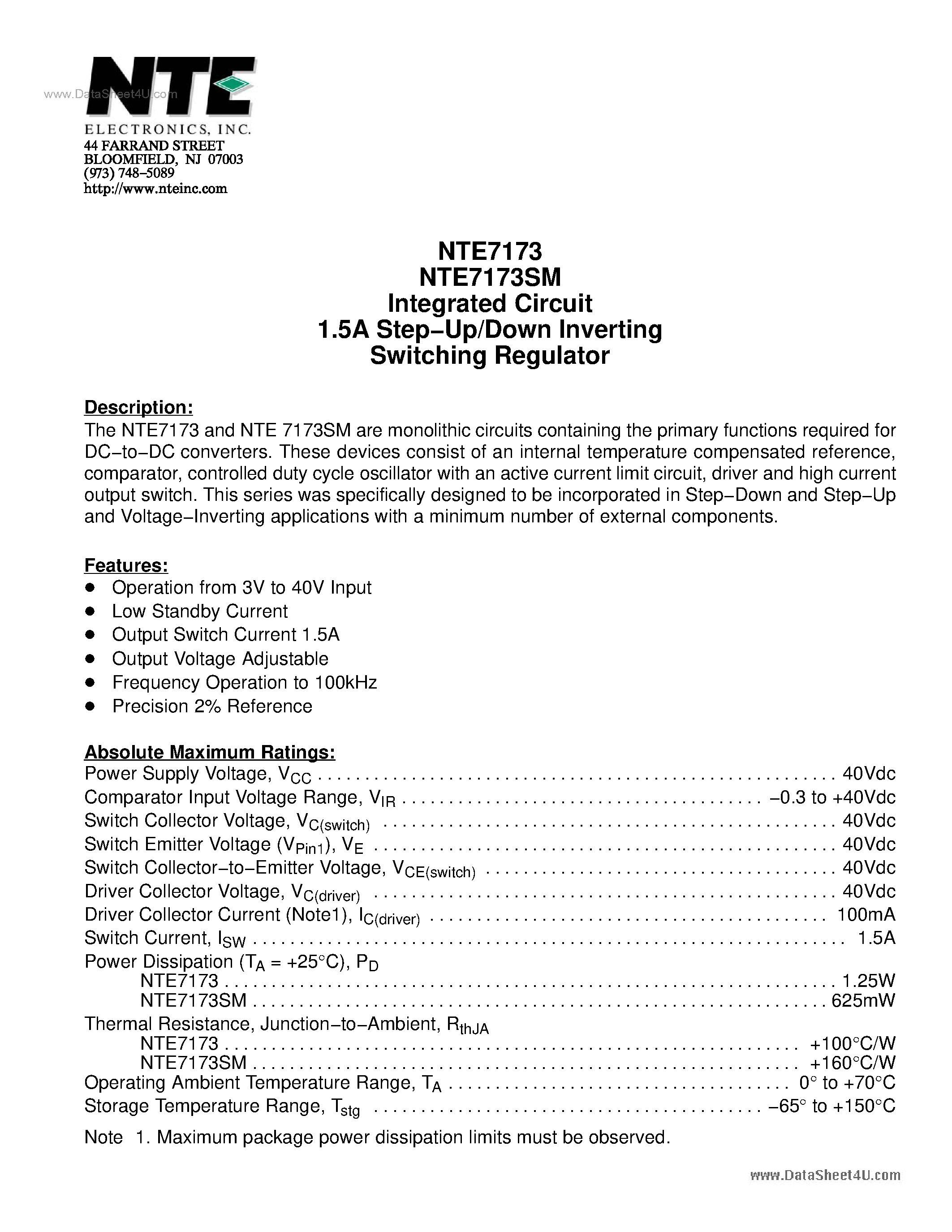 Datasheet NTE7173 - Integrated Circuit 1.5A Step-Up/Down Inverting Switching Regulator page 1