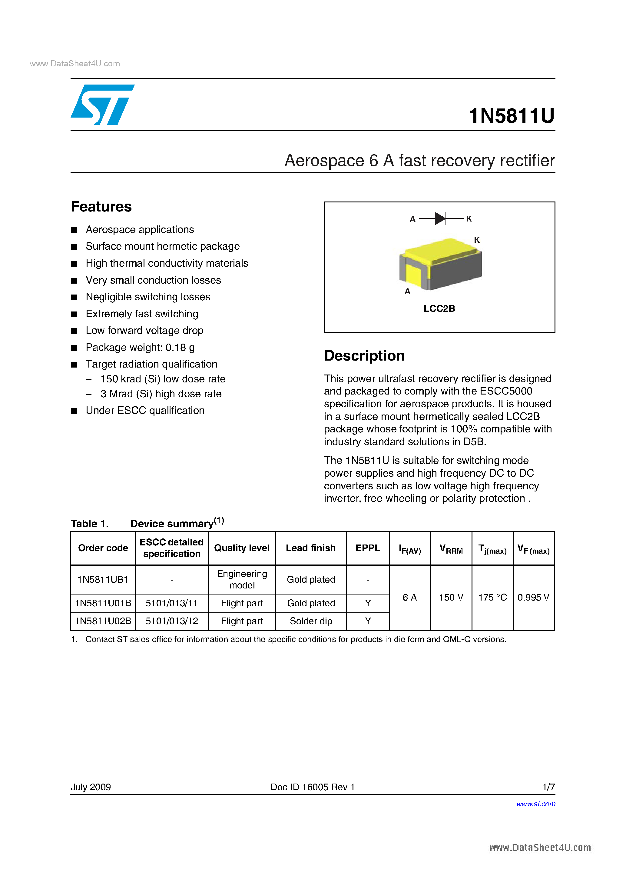 Datasheet 1N5811U - Aerospace 6 A fast recovery rectifier page 1