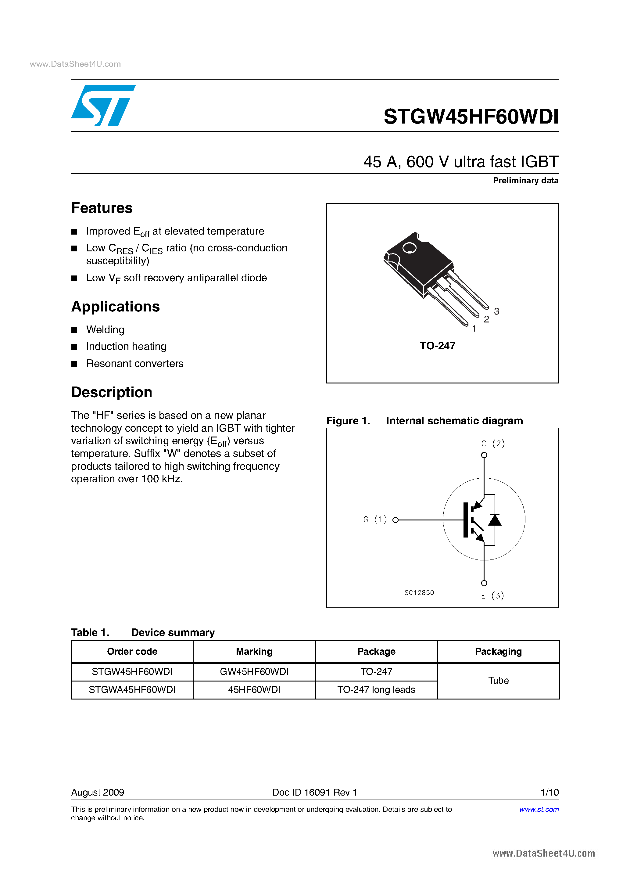 Даташит STGW45HF60WDI - 600 V Ultra Fast IGBT страница 1