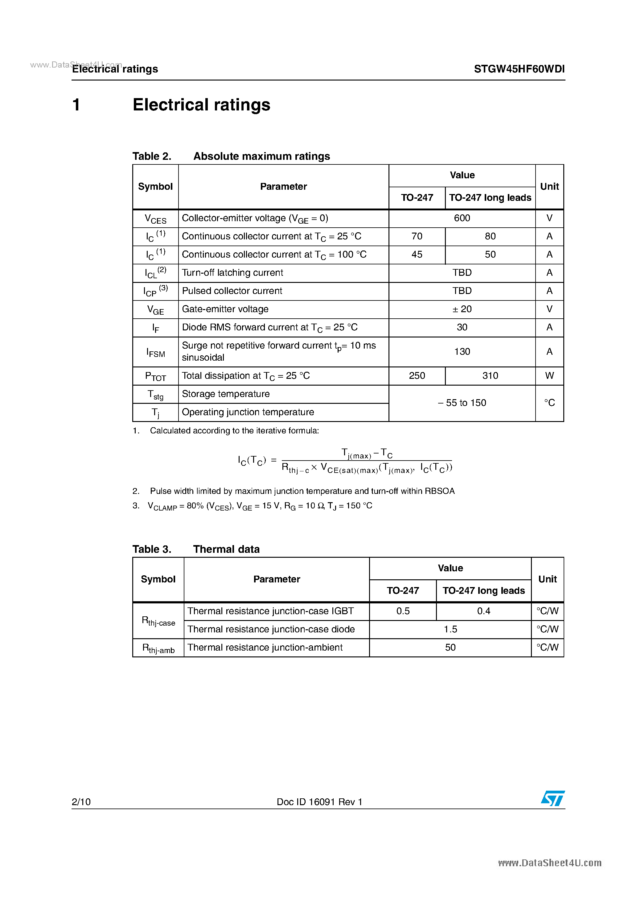 Даташит STGW45HF60WDI - 600 V Ultra Fast IGBT страница 2