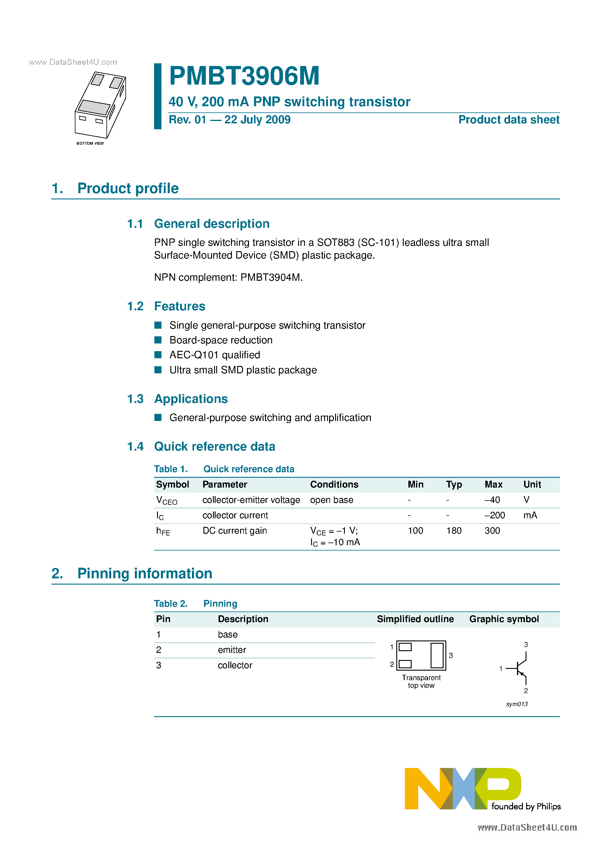 Datasheet PMBT3906M - 200 mA PNP switching transistor page 1
