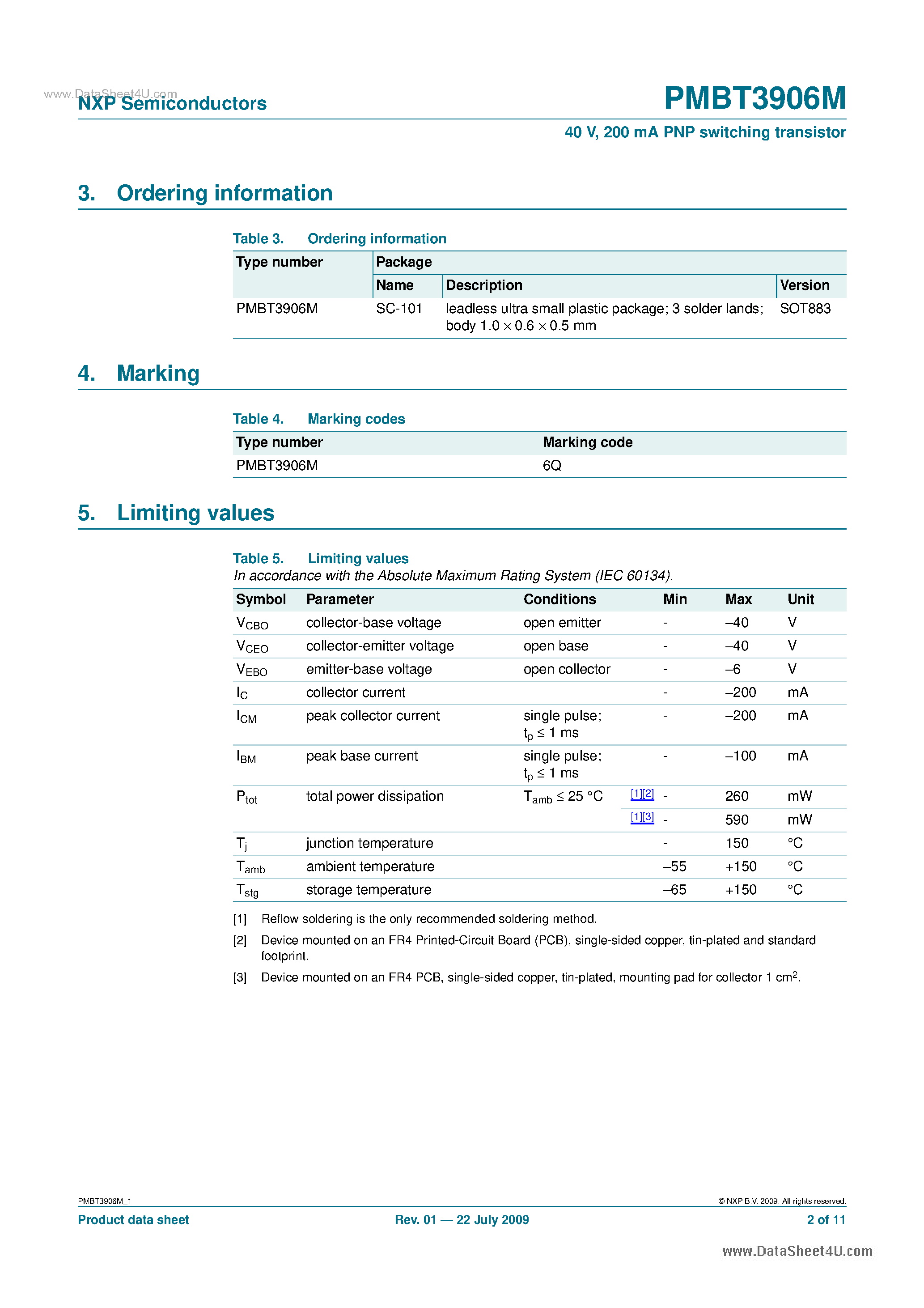Datasheet PMBT3906M - 200 mA PNP switching transistor page 2