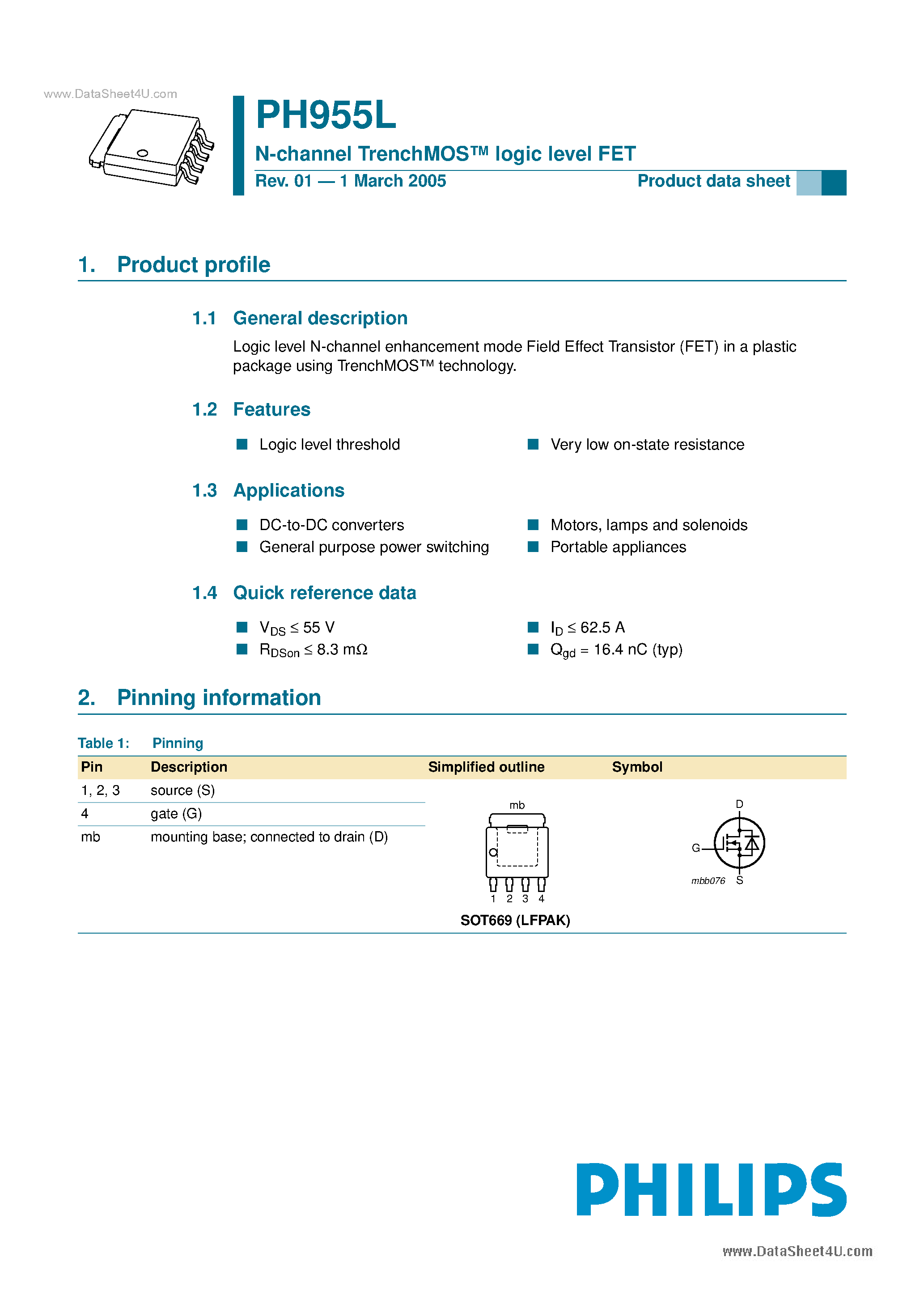 Datasheet PH955L - N-channel TrenchMOS logic level FET page 1