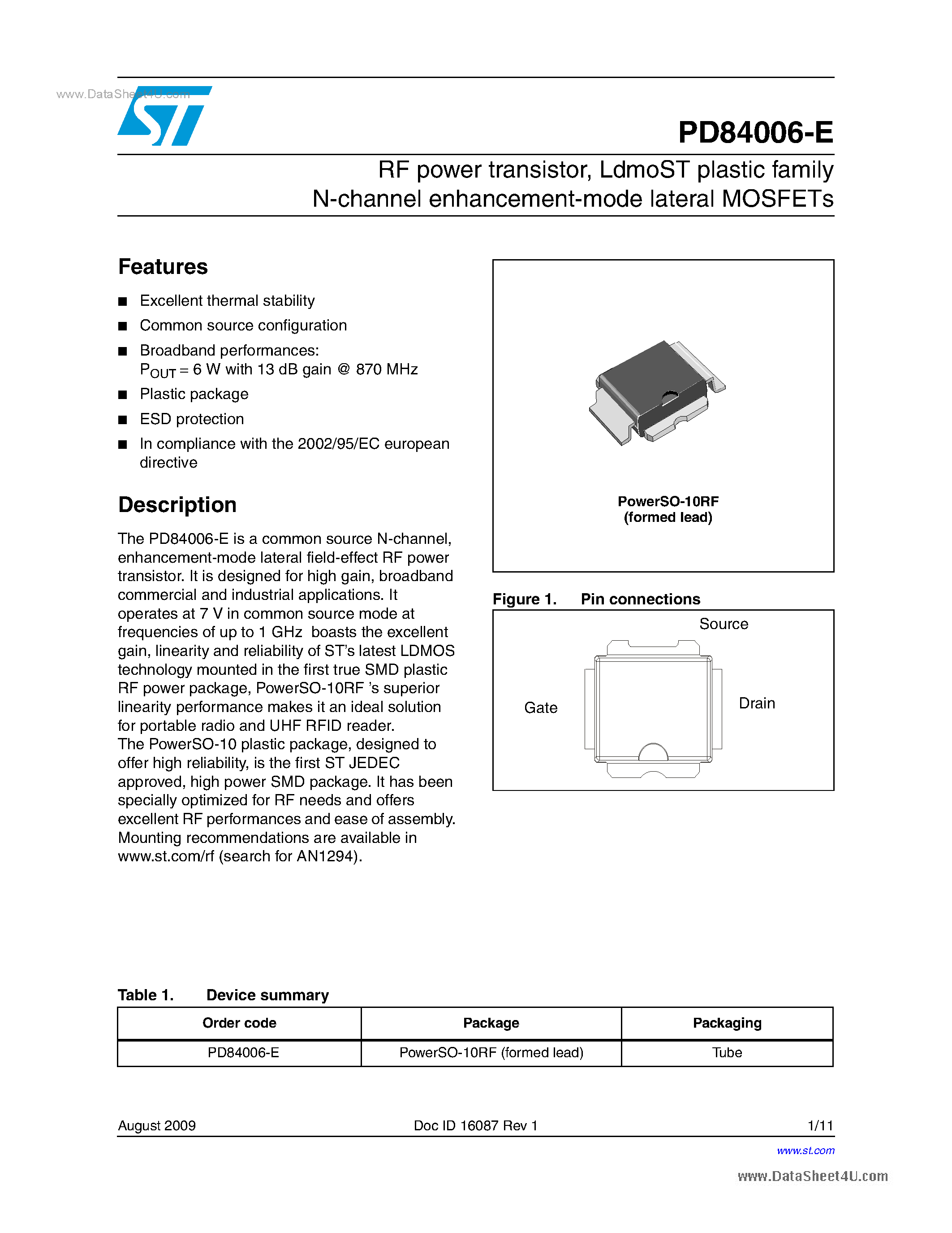 Даташит на микросхему PD84006-E страница 1 Даташит PD84006-E - RF Power Transistor страница 1