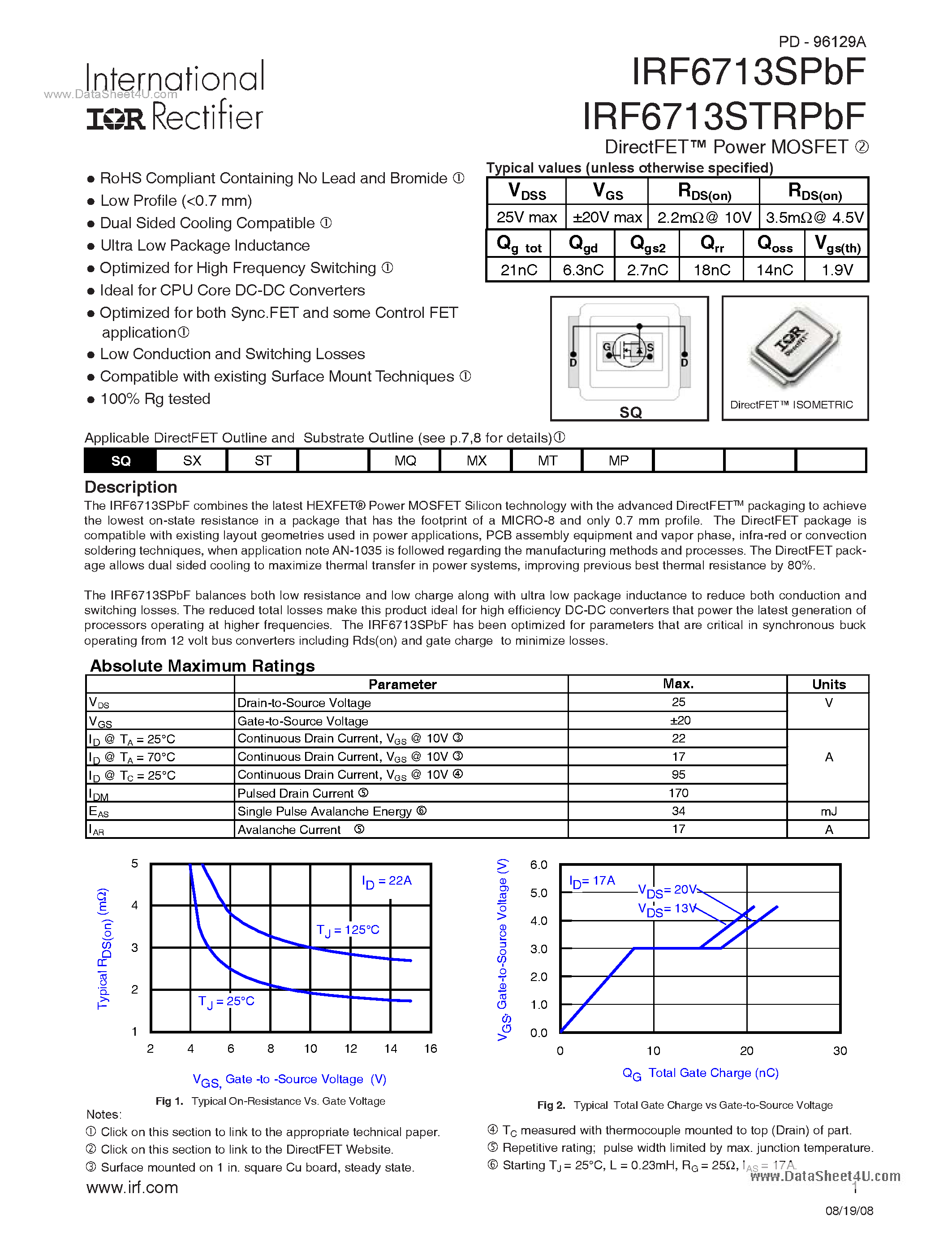 Datasheet IRF6713SPBF page 1 Datasheet IRF6713SPBF - DirectFET TM Power MOSFET page 1