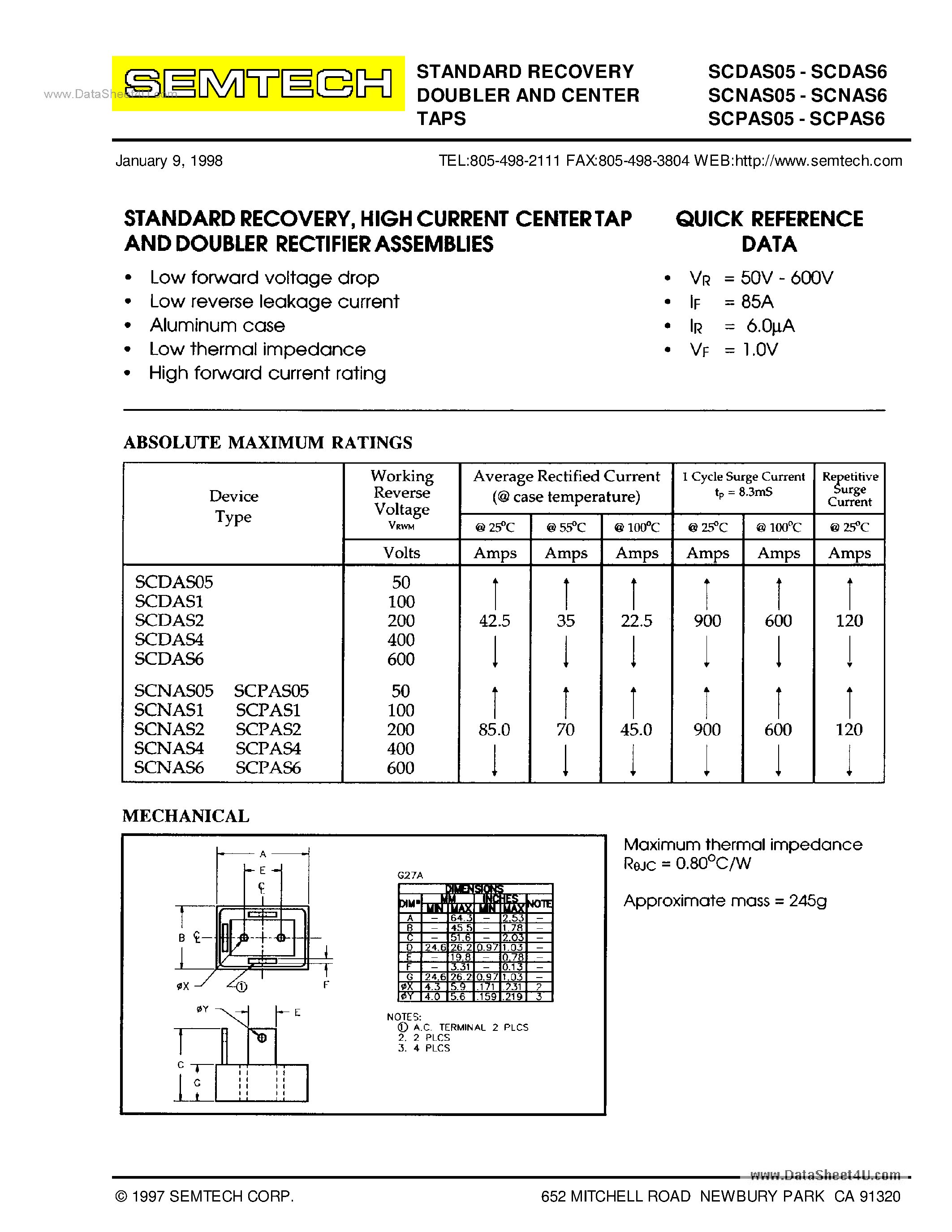 Даташит на микросхему SCDAS05 страница 1 Даташит SCDAS05 - (SCDAS05 - SCDAS6) STANDARD RECOVERY DOUBLER AND CENTER TAPS страница 1