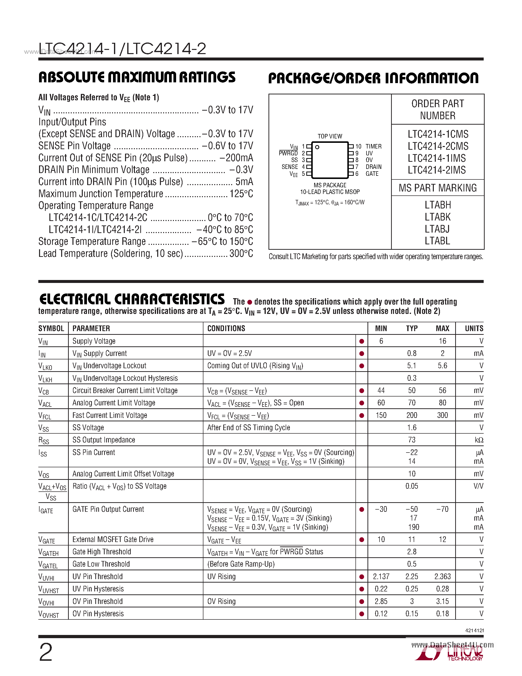 Даташит на микросхему LTC4214-1 страница 2 Даташит LTC4214-1 - Negative Low Voltage Hot Swap Controllers страница 2