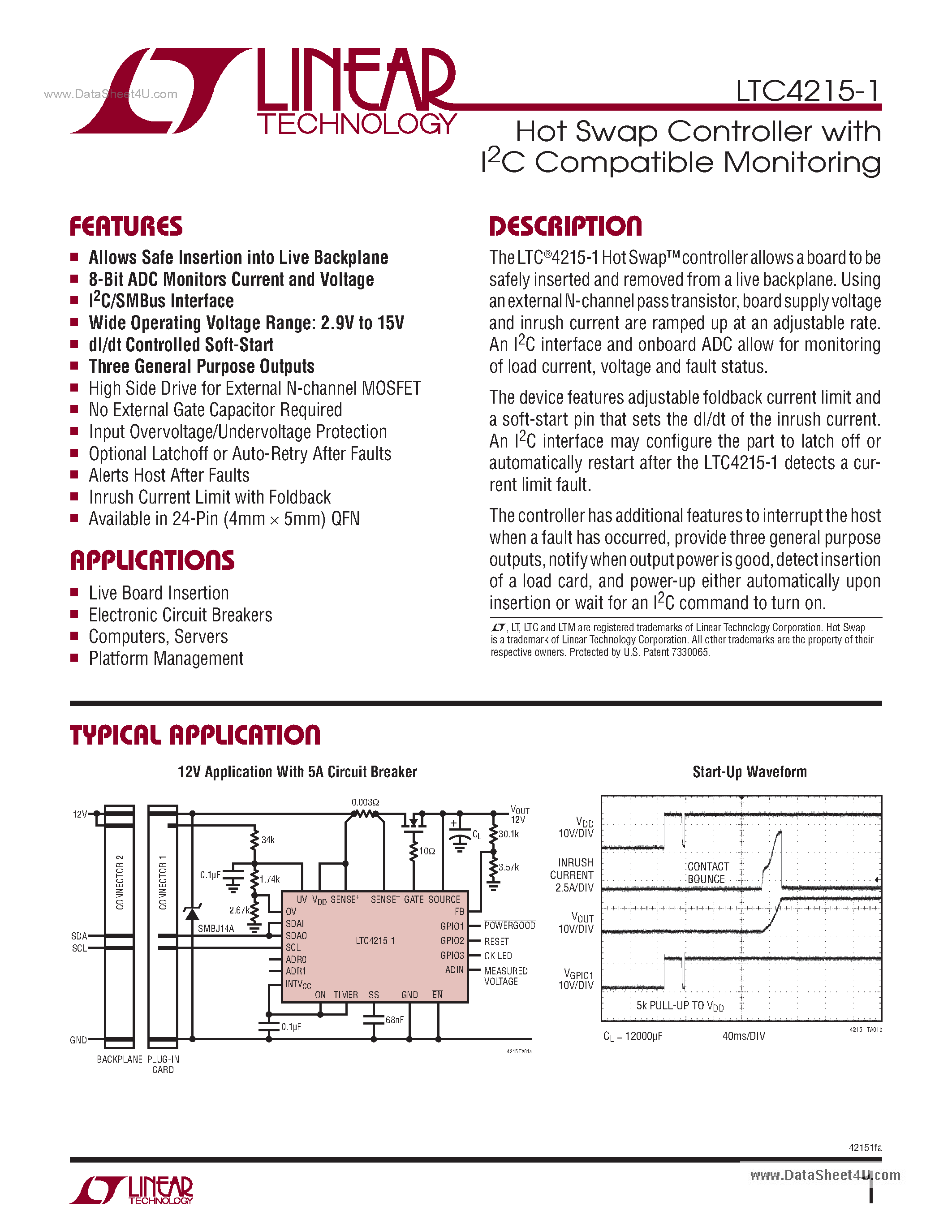 Datasheet LTC4215-1 page 1 Datasheet LTC4215-1 - Hot Swap Controller page 1