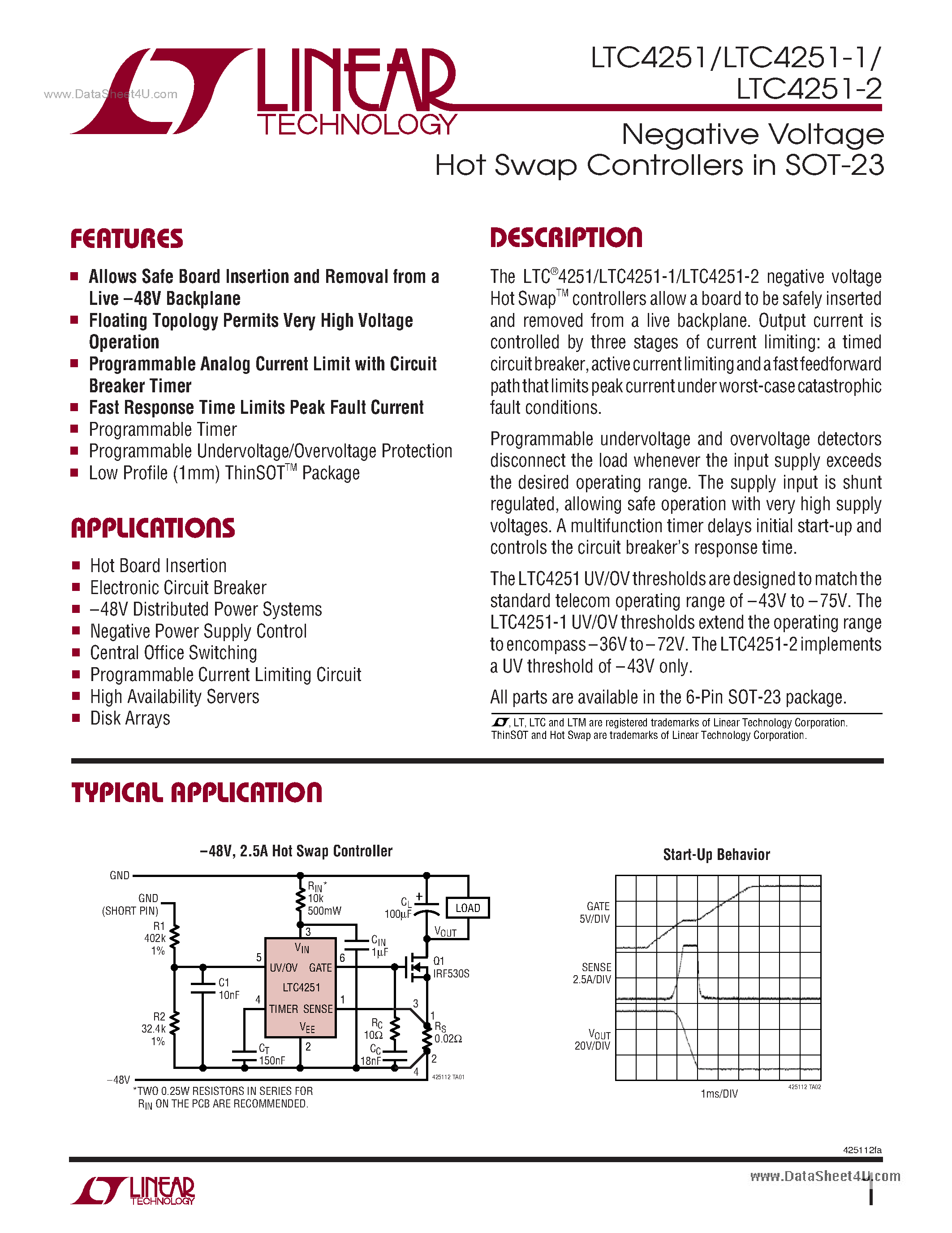 Datasheet LTC4251 page 1 Datasheet LTC4251 - Negative Voltage Hot Swap Controllers page 1