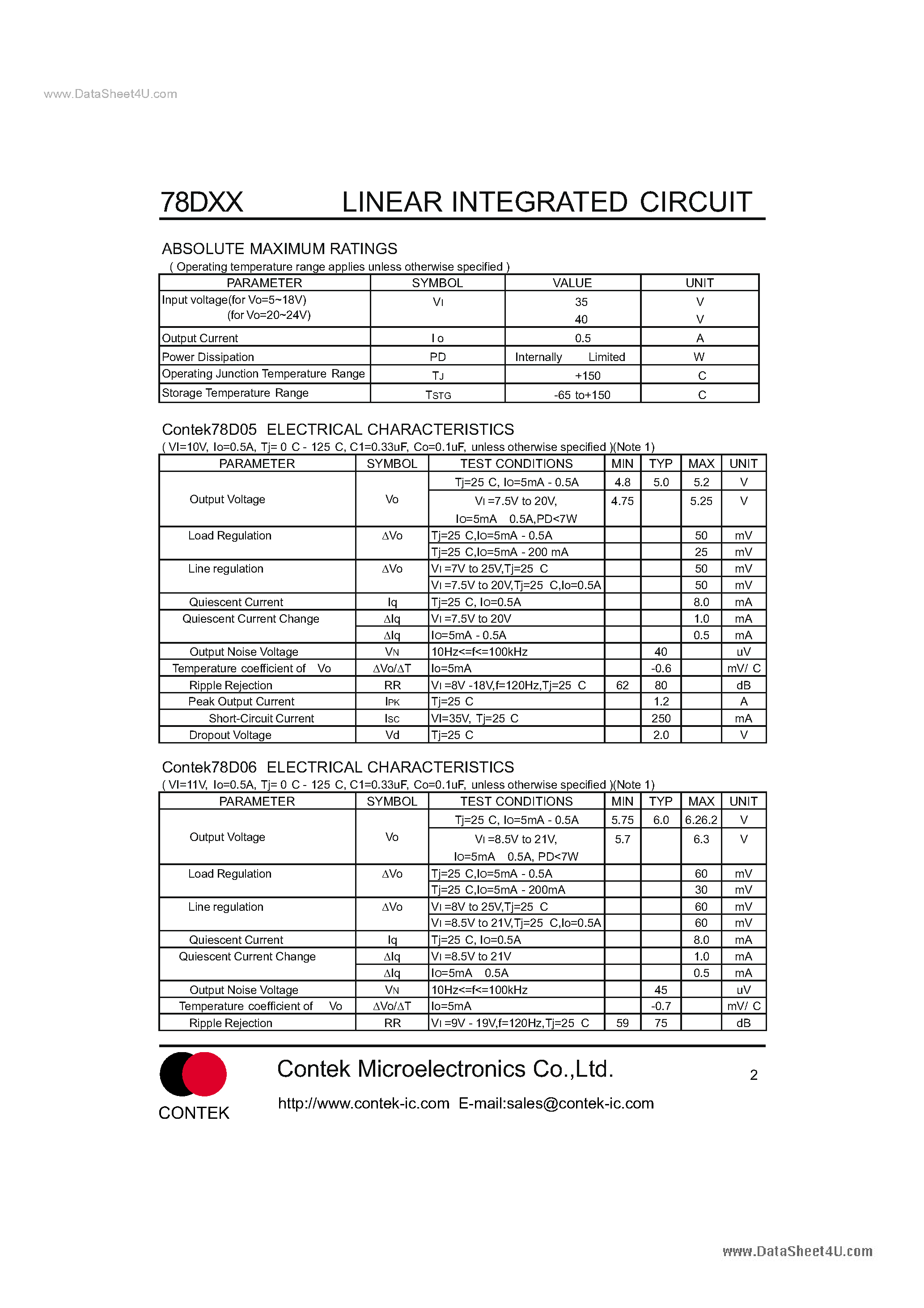 Даташит на микросхему 78D05 страница 2 Даташит 78D05 - LINEAR INTEGRATED CIRCUIT 3-TERMINAL 0.5A POSITIVE VOLTAGE REGULATOR страница 2