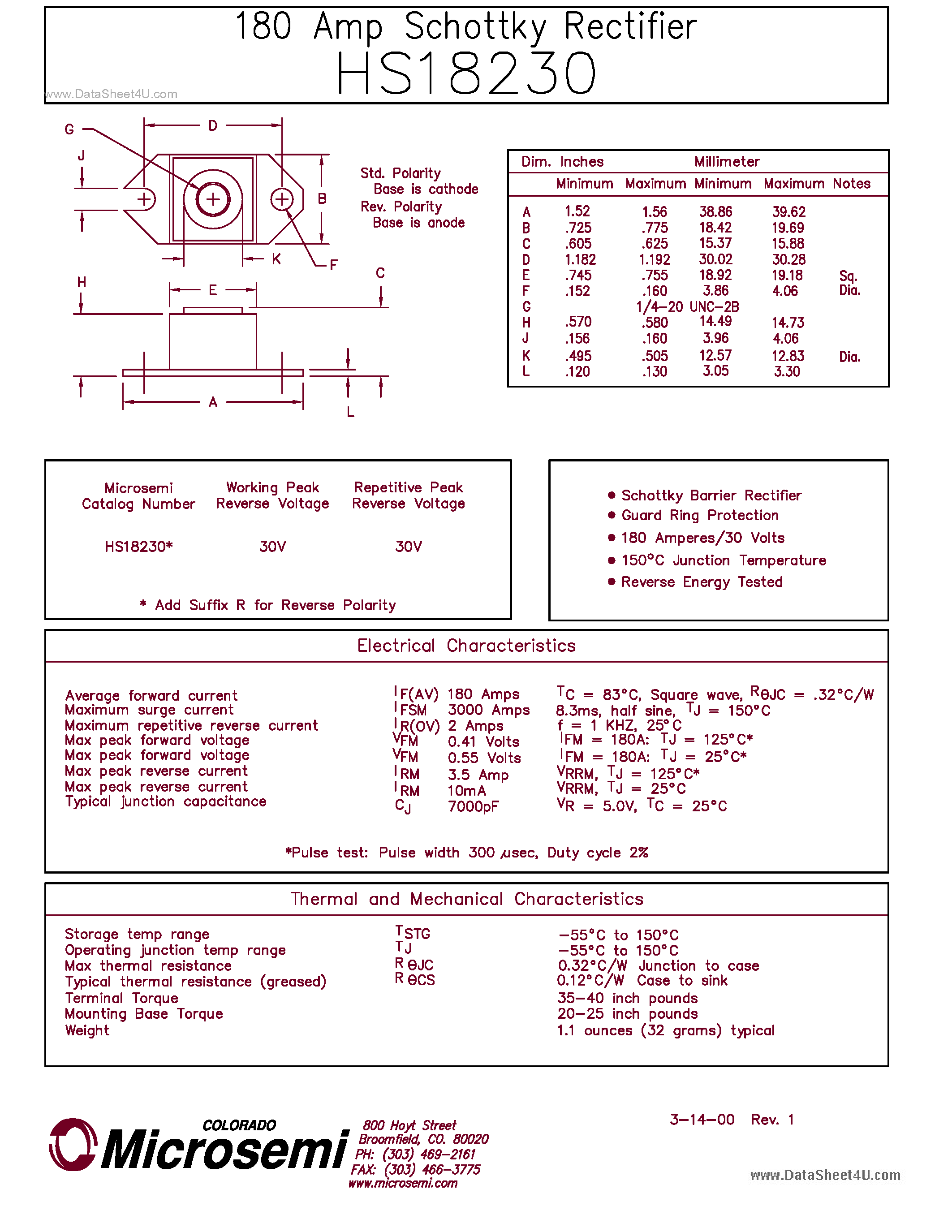 Datasheet HS18230 page 1 Datasheet HS18230 - 180 Amp Schottky Rectifier page 1