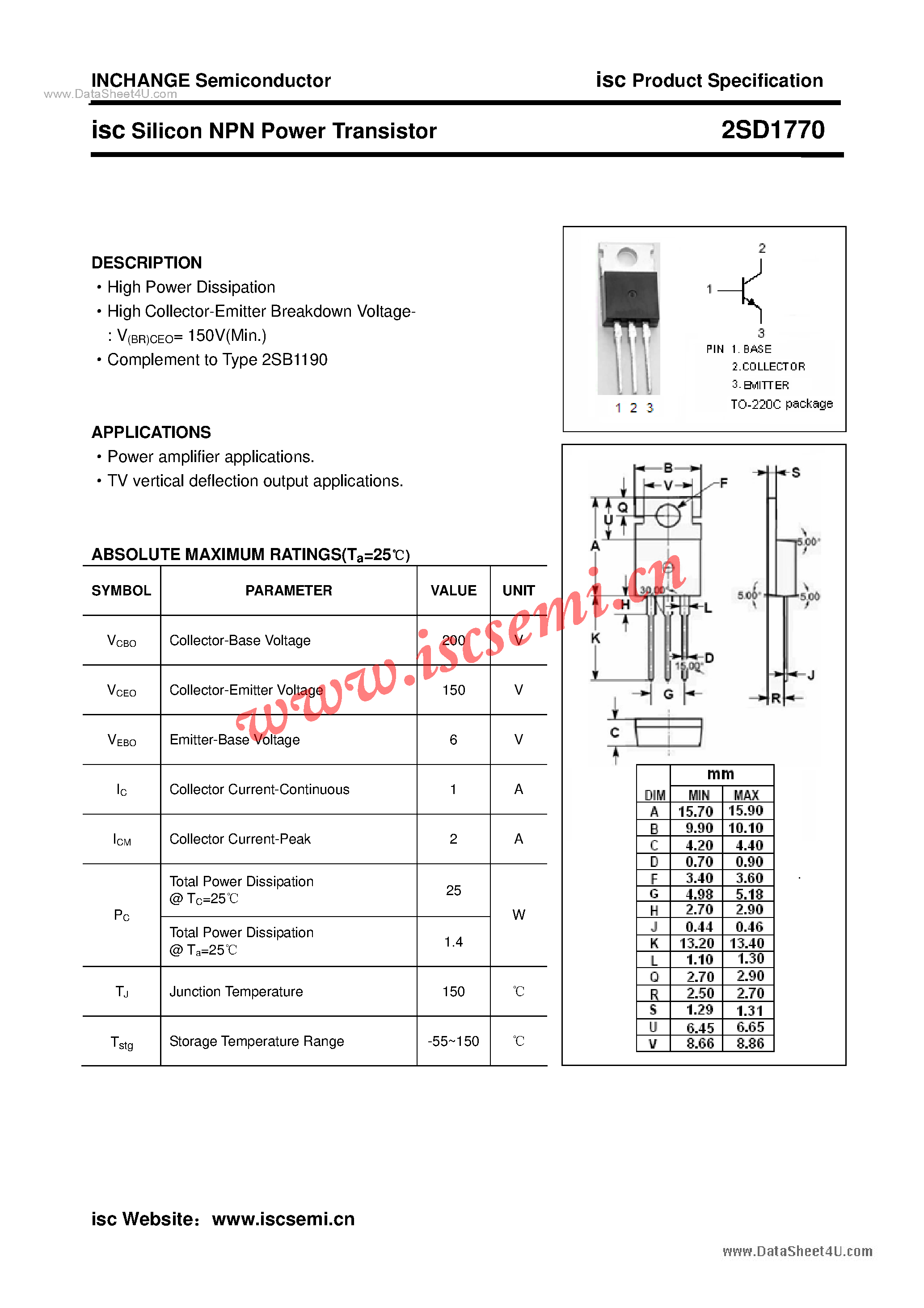 Datasheet 2SD1770 - Silicon NPN Darlington Power Transistor page 1