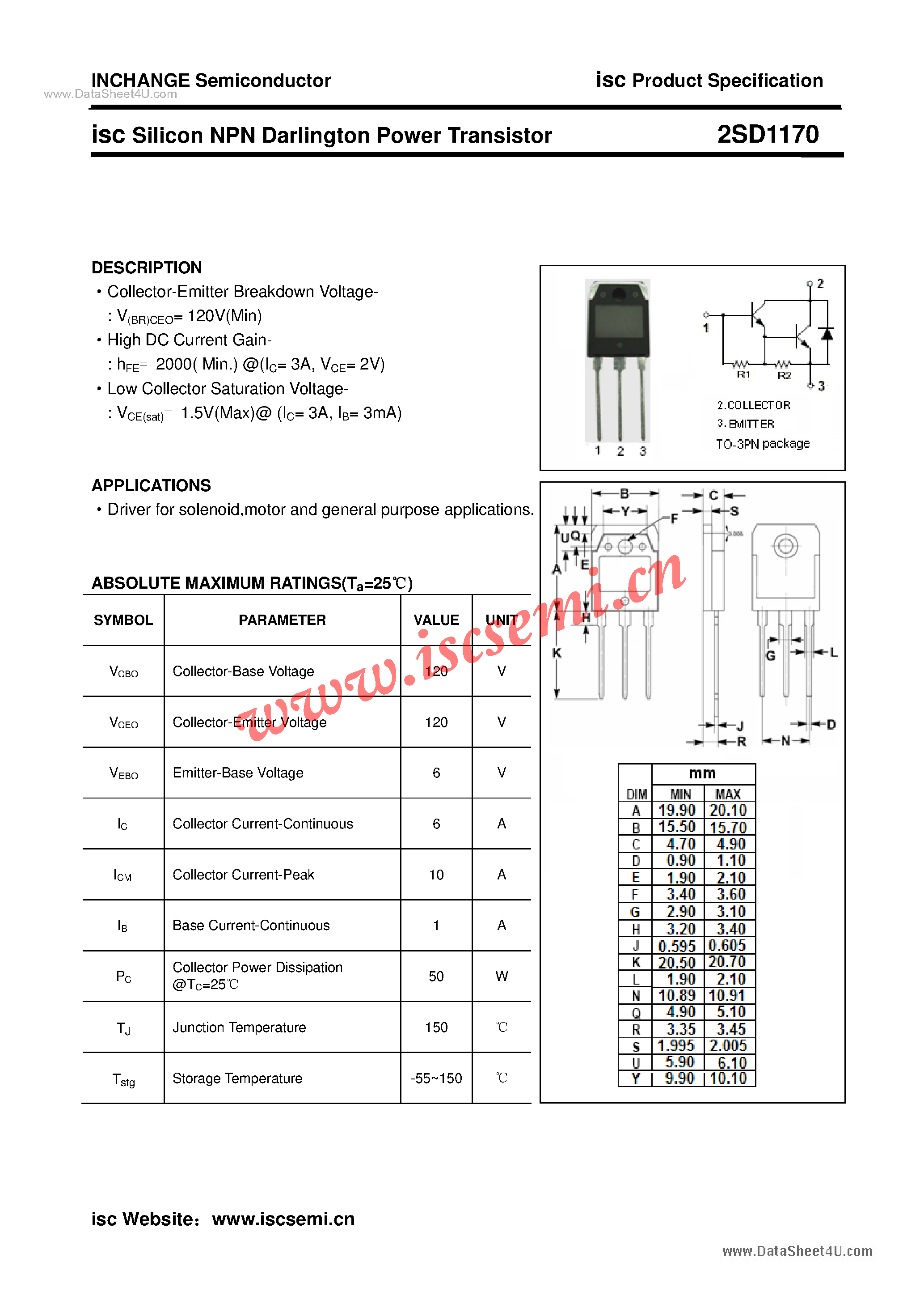 Datasheet 2SD1170 - Power Transistor page 1