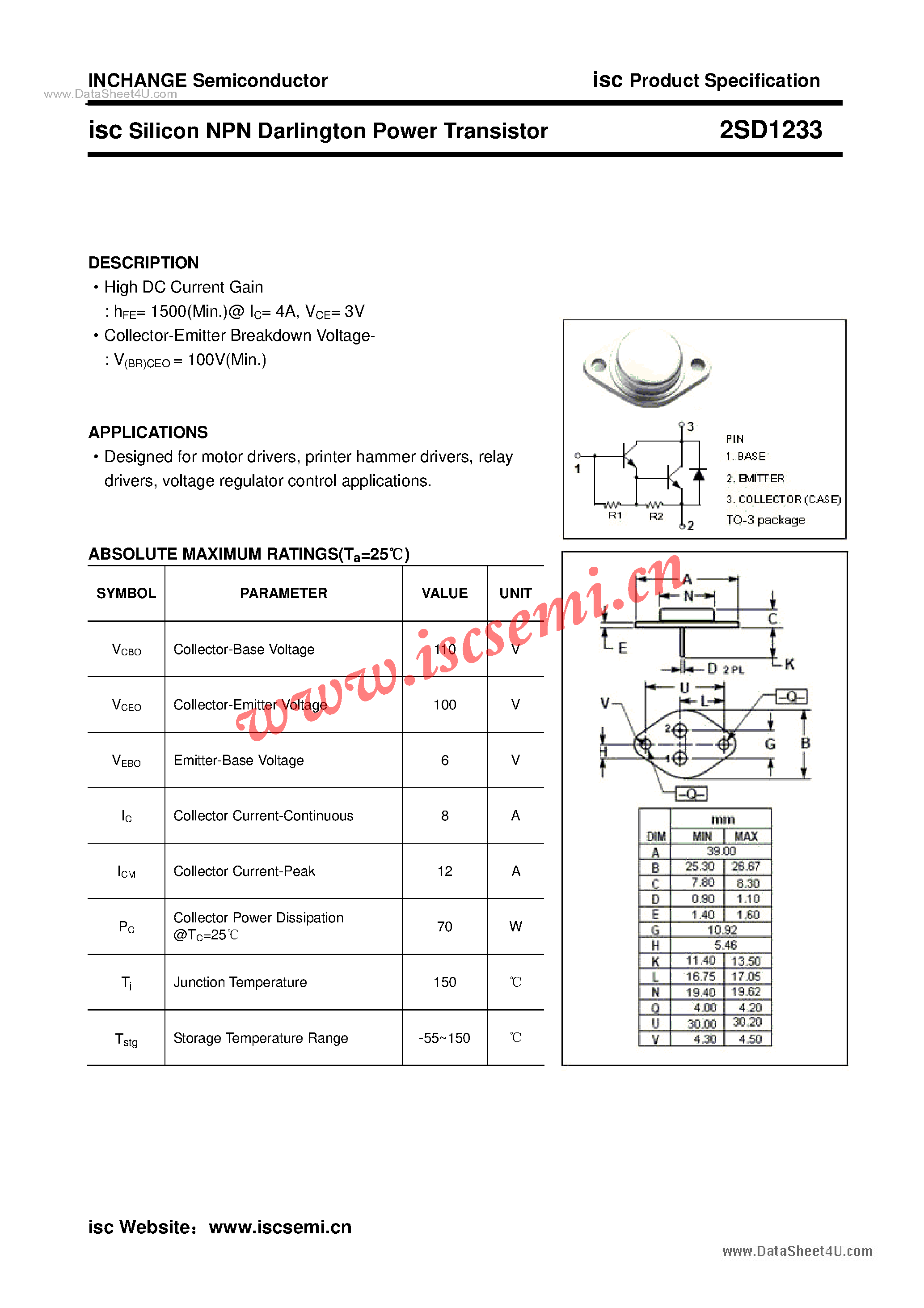 Datasheet 2SD1233 - Power Transistor page 1