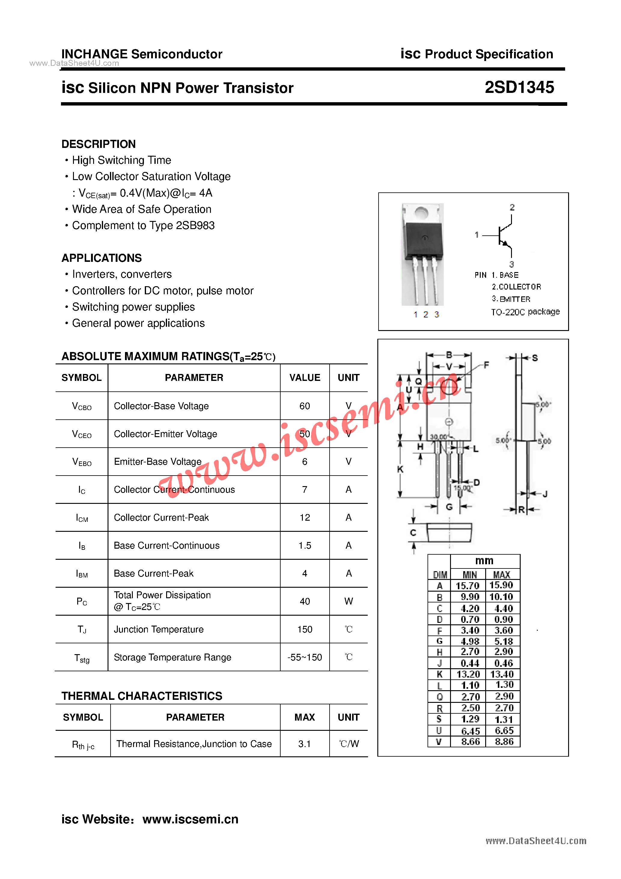 Datasheet 2SD1345 page 1 Datasheet 2SD1345 - Power Transistor page 1