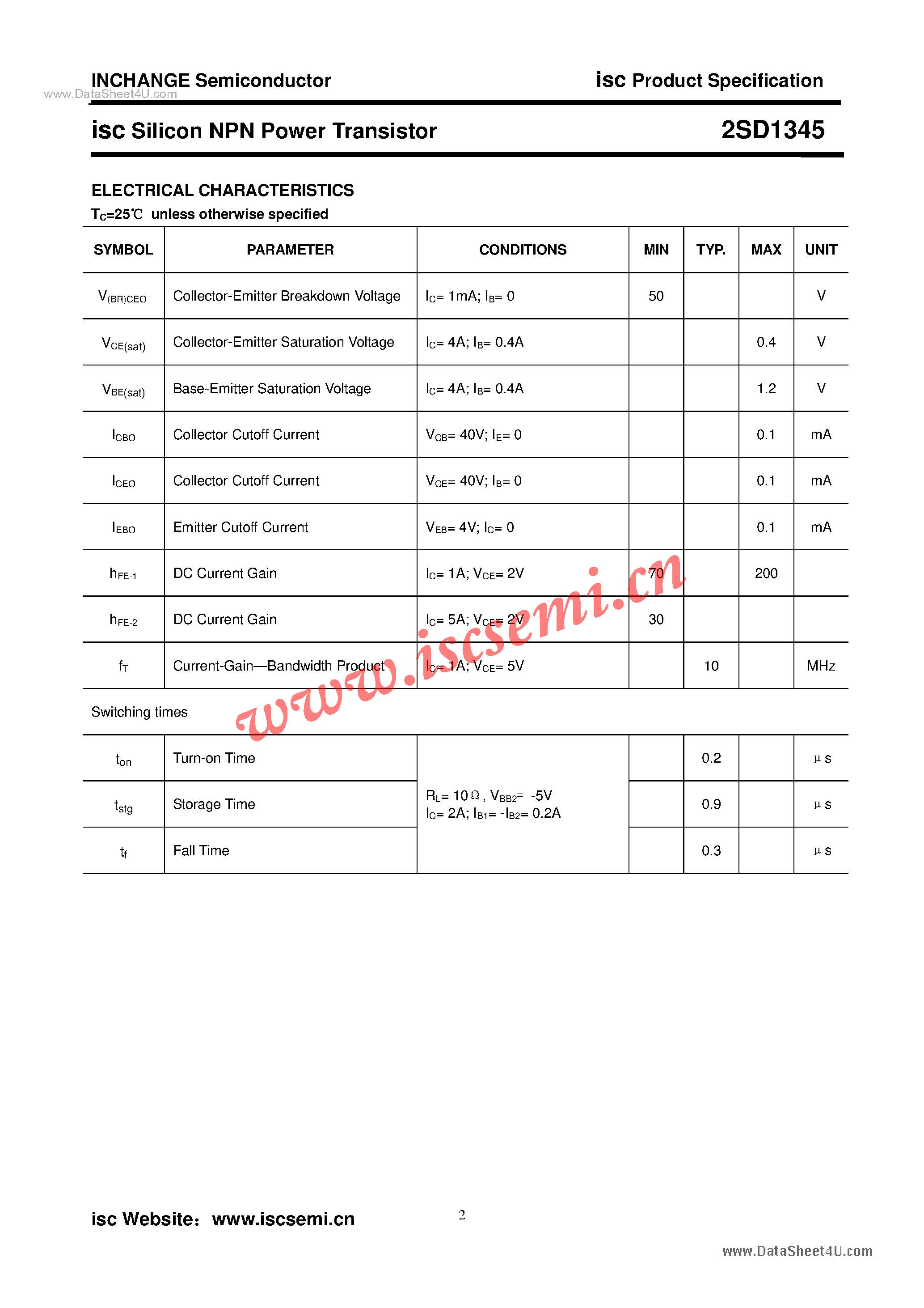 Datasheet 2SD1345 page 2 Datasheet 2SD1345 - Power Transistor page 2