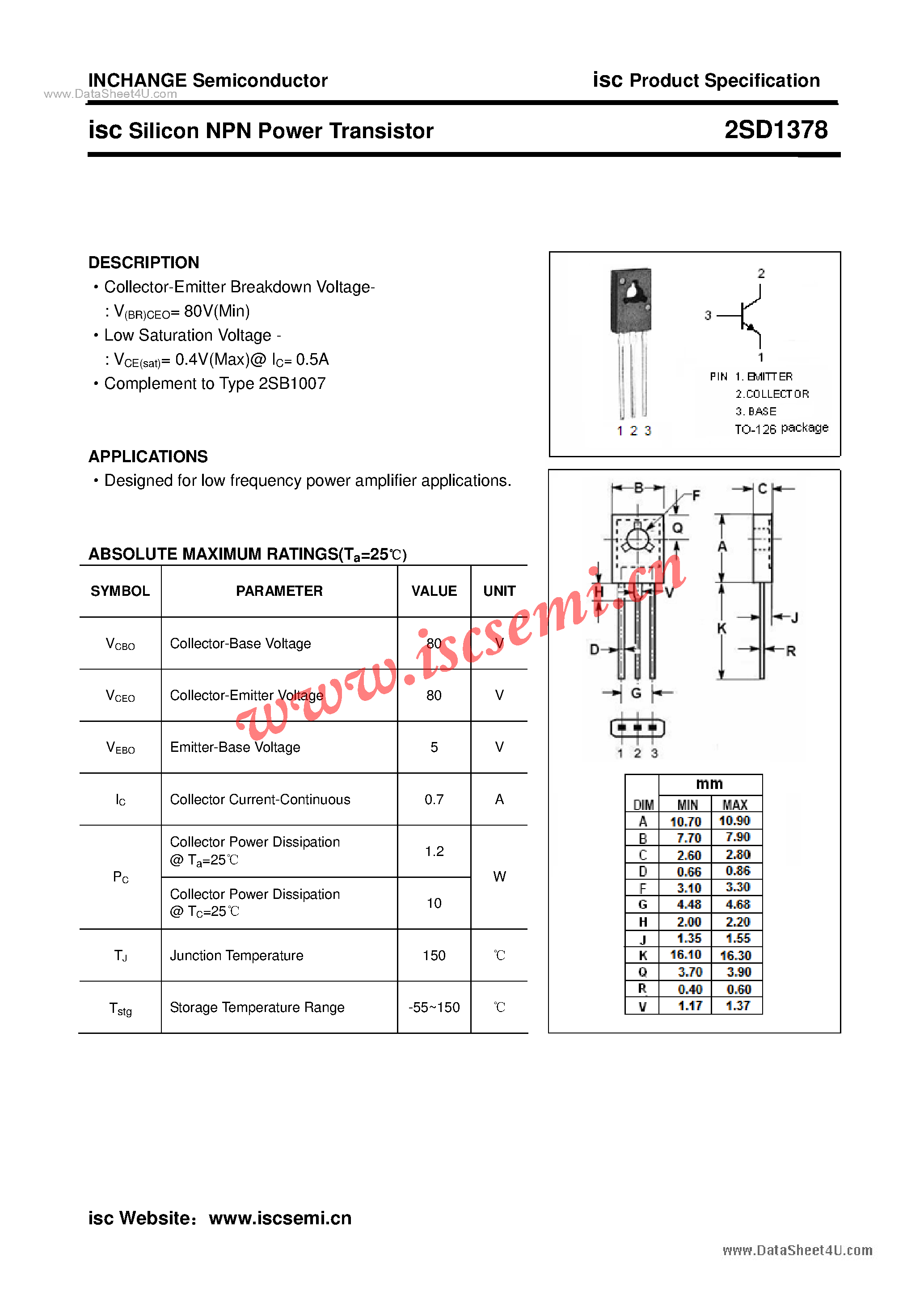 Datasheet 2SD1378 - Power Transistor page 1