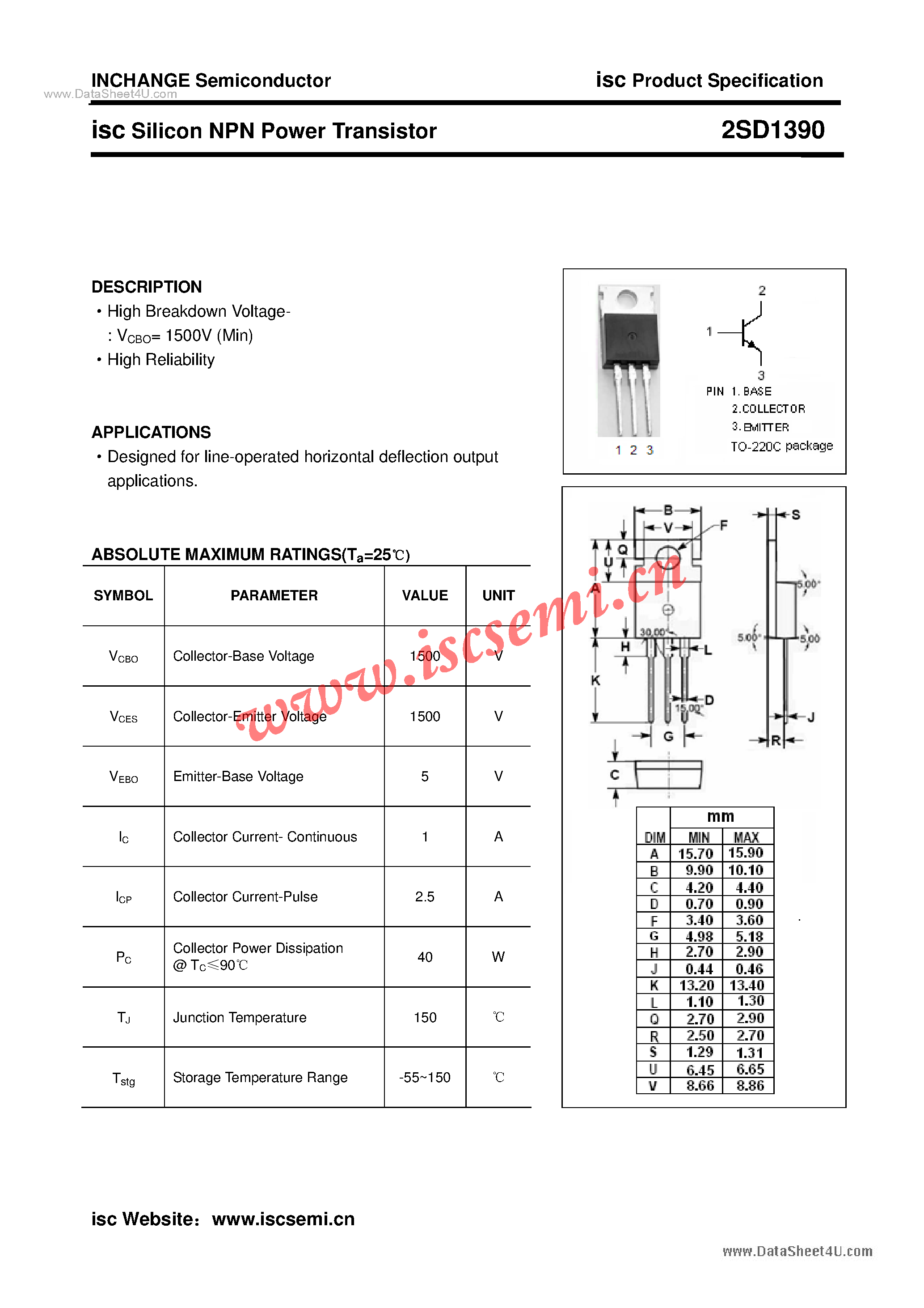 Datasheet 2SD1390 - Power Transistor page 1