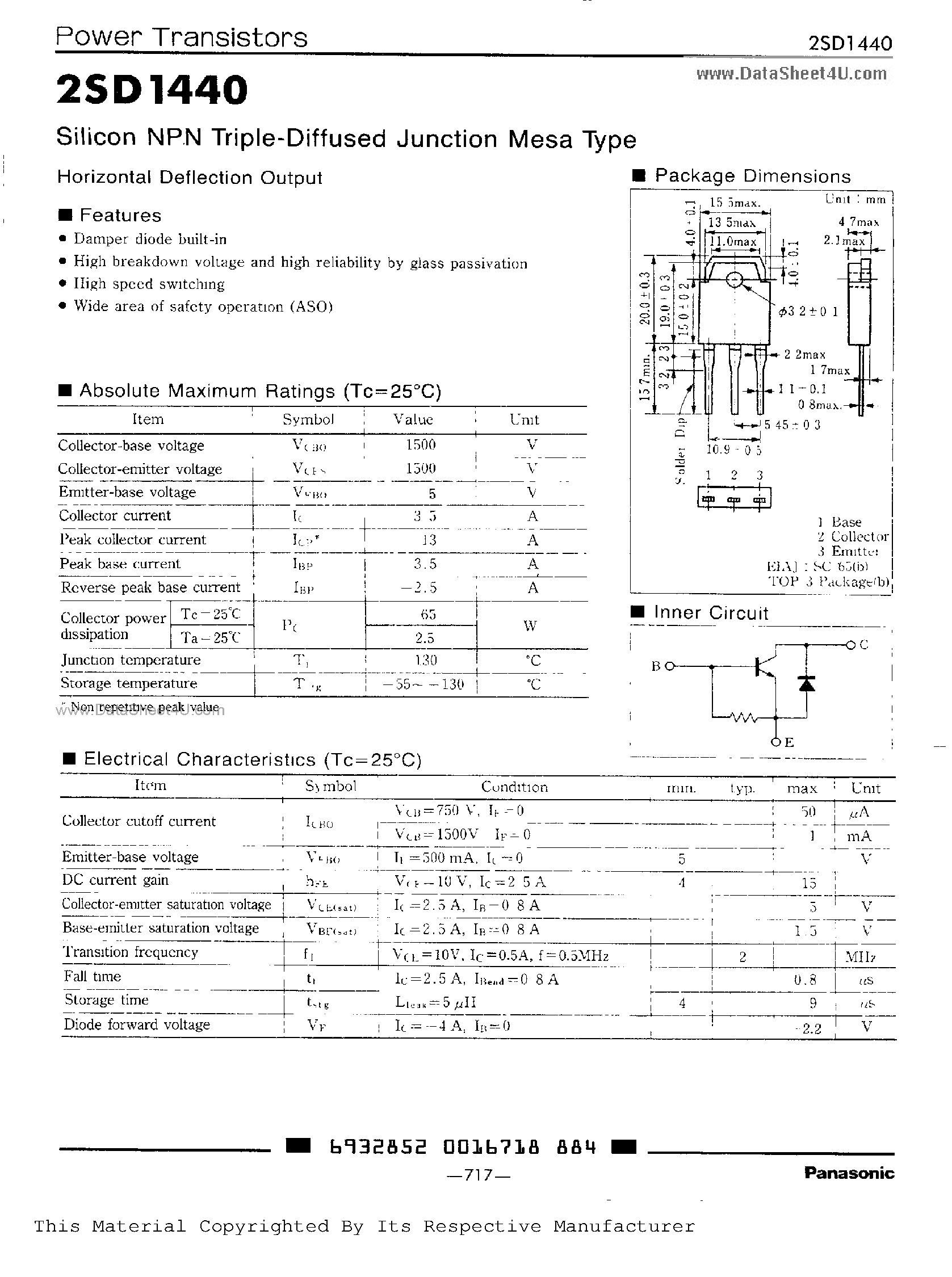 Datasheet 2SD1440 - SILICON NPN TRIPLE DIFFUSED JUNCTION MESA TYPE HORIZONTAL DEFLECTION OUTPUT page 1