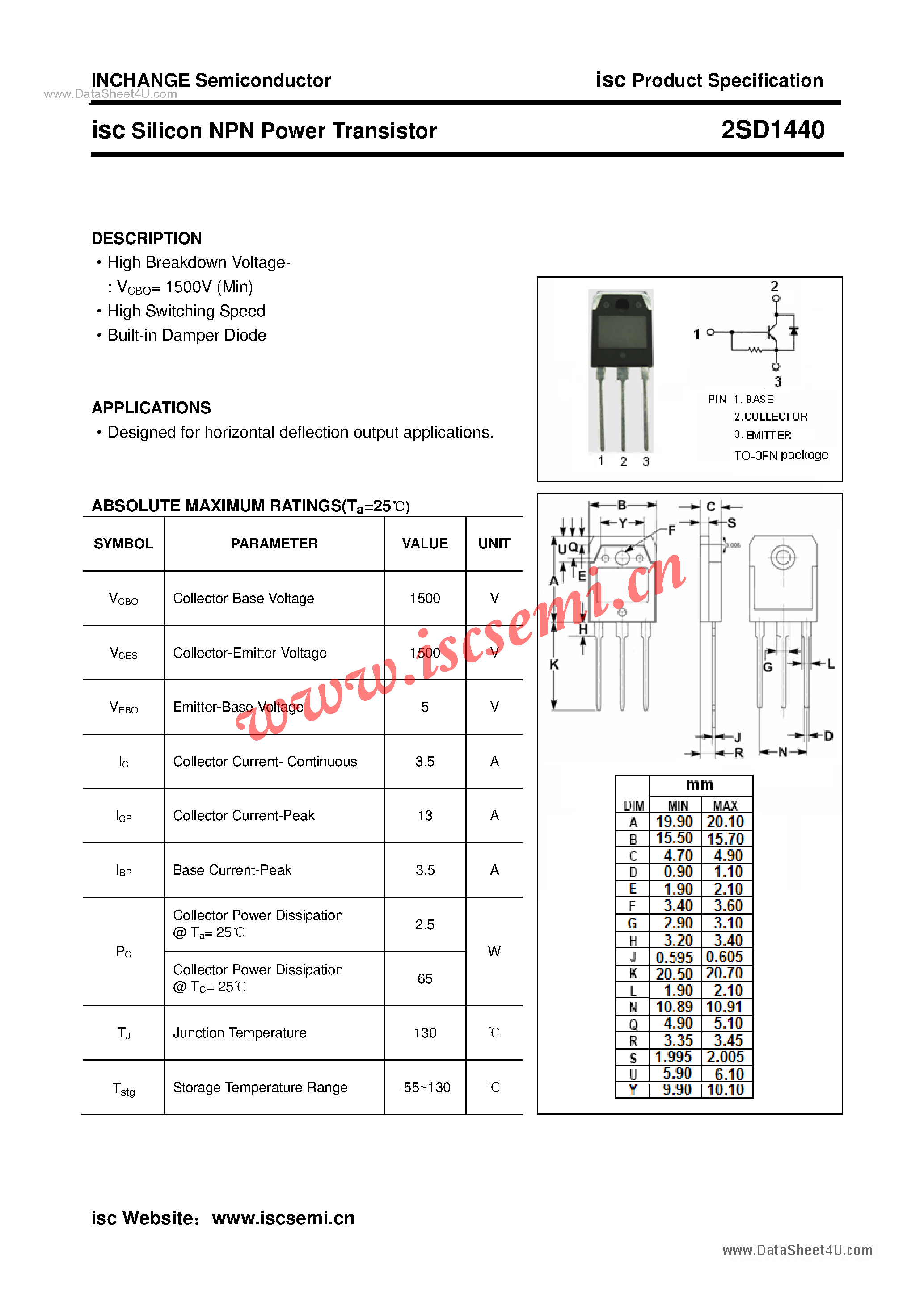 Datasheet 2SD1440 page 1 Datasheet 2SD1440 - Power Transistor page 1