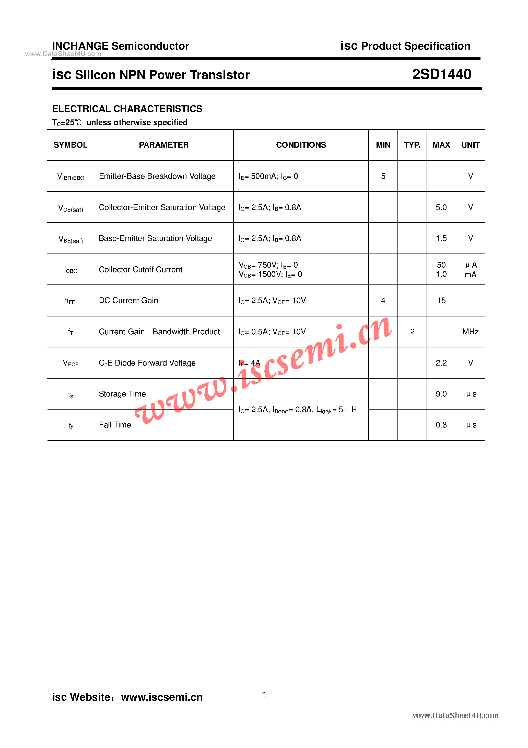 Datasheet 2SD1440 page 2 Datasheet 2SD1440 - Power Transistor page 2