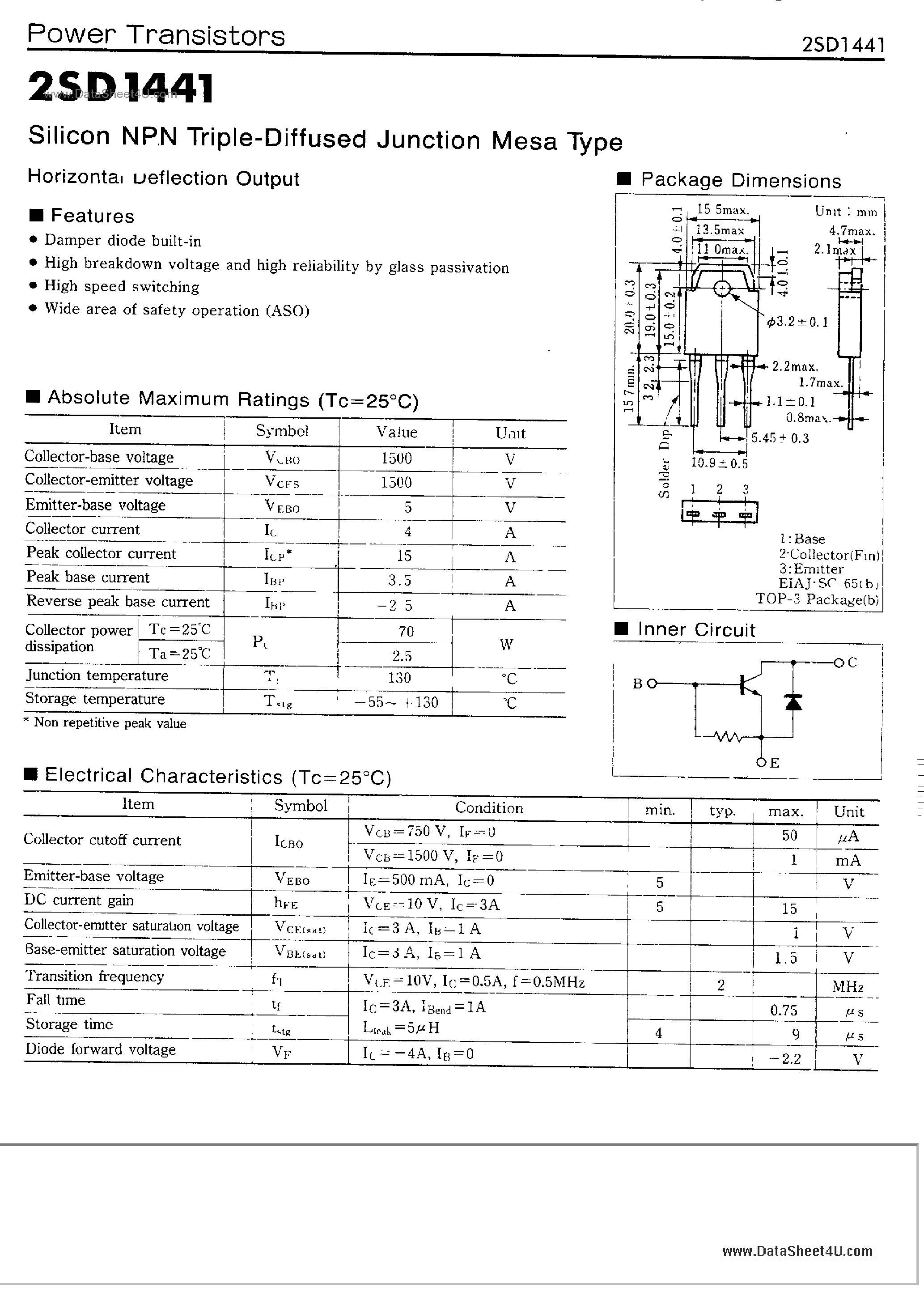 Datasheet 2SD1441 page 1 Datasheet 2SD1441 - SILICON NPN TRIPLE DIFFUSED JUNCTION MESA TYPE HORIZONTAL DEFLECTION OUTPUT page 1
