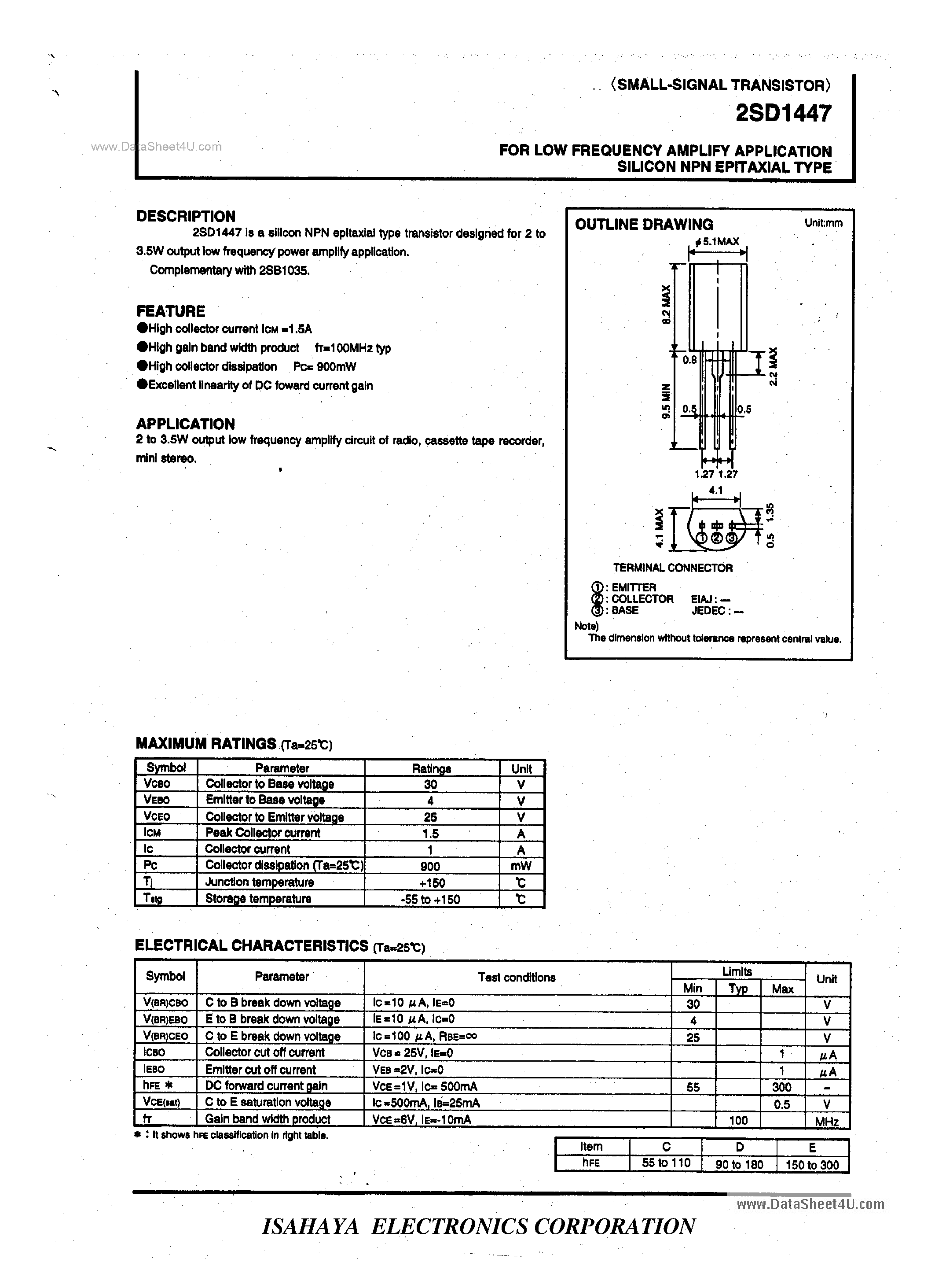 Datasheet 2SD1447 page 1 Datasheet 2SD1447 - FOR LOW FREQUENCY AMPLIFY APPLICATION SILICON NPN EPITAXIAL TYPE page 1