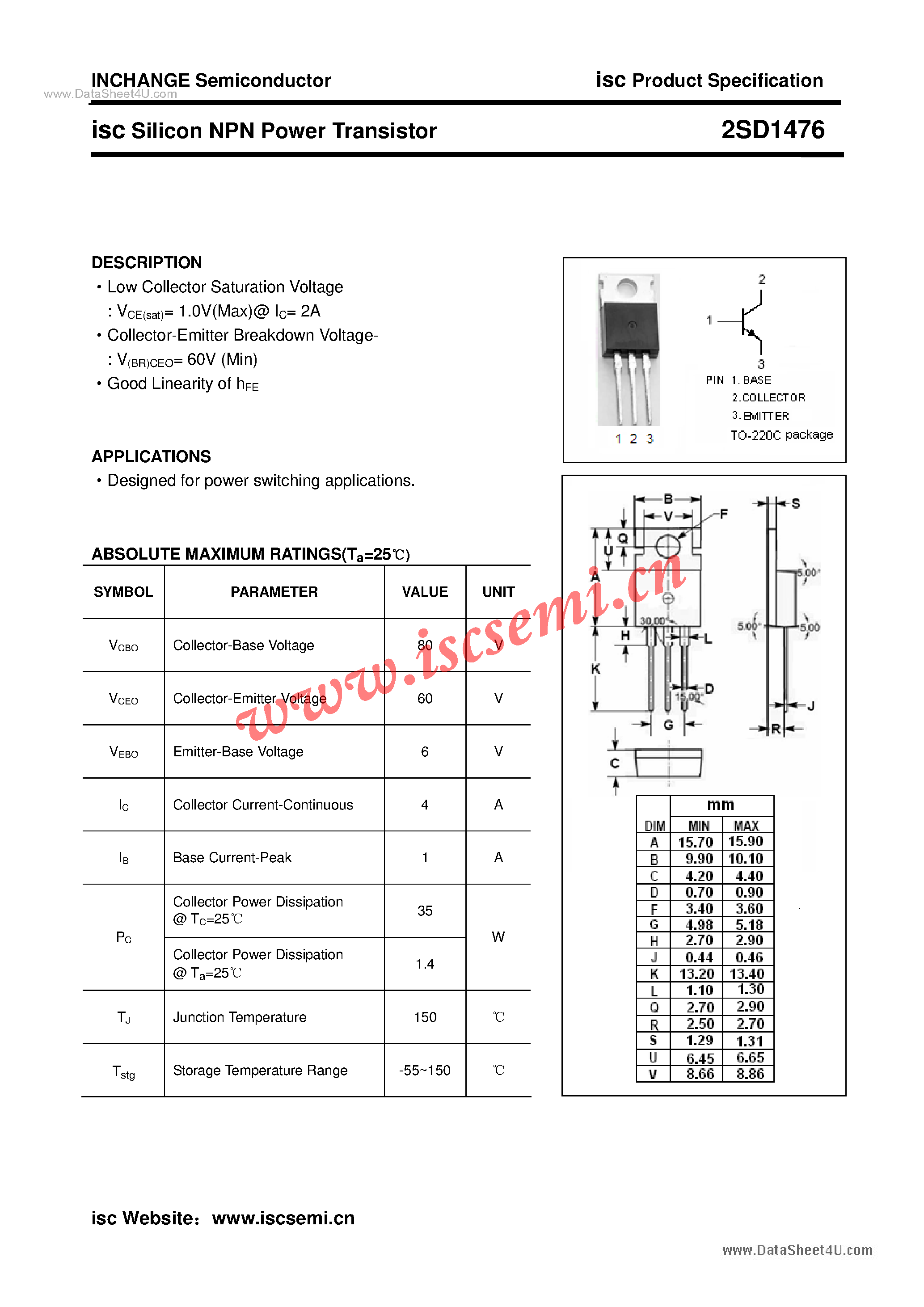 Datasheet 2SD1476 - Power Transistor page 1