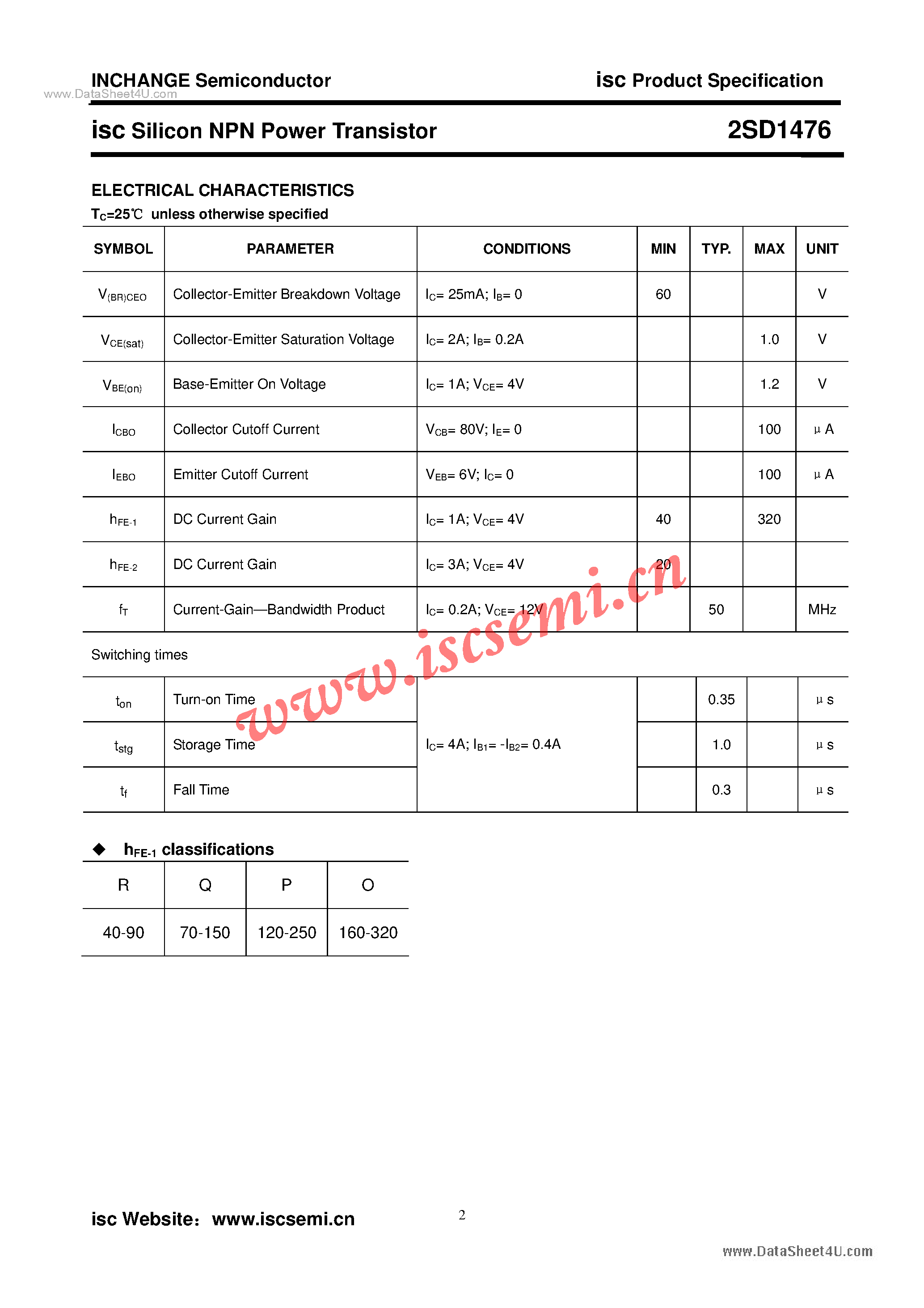 Datasheet 2SD1476 - Power Transistor page 2