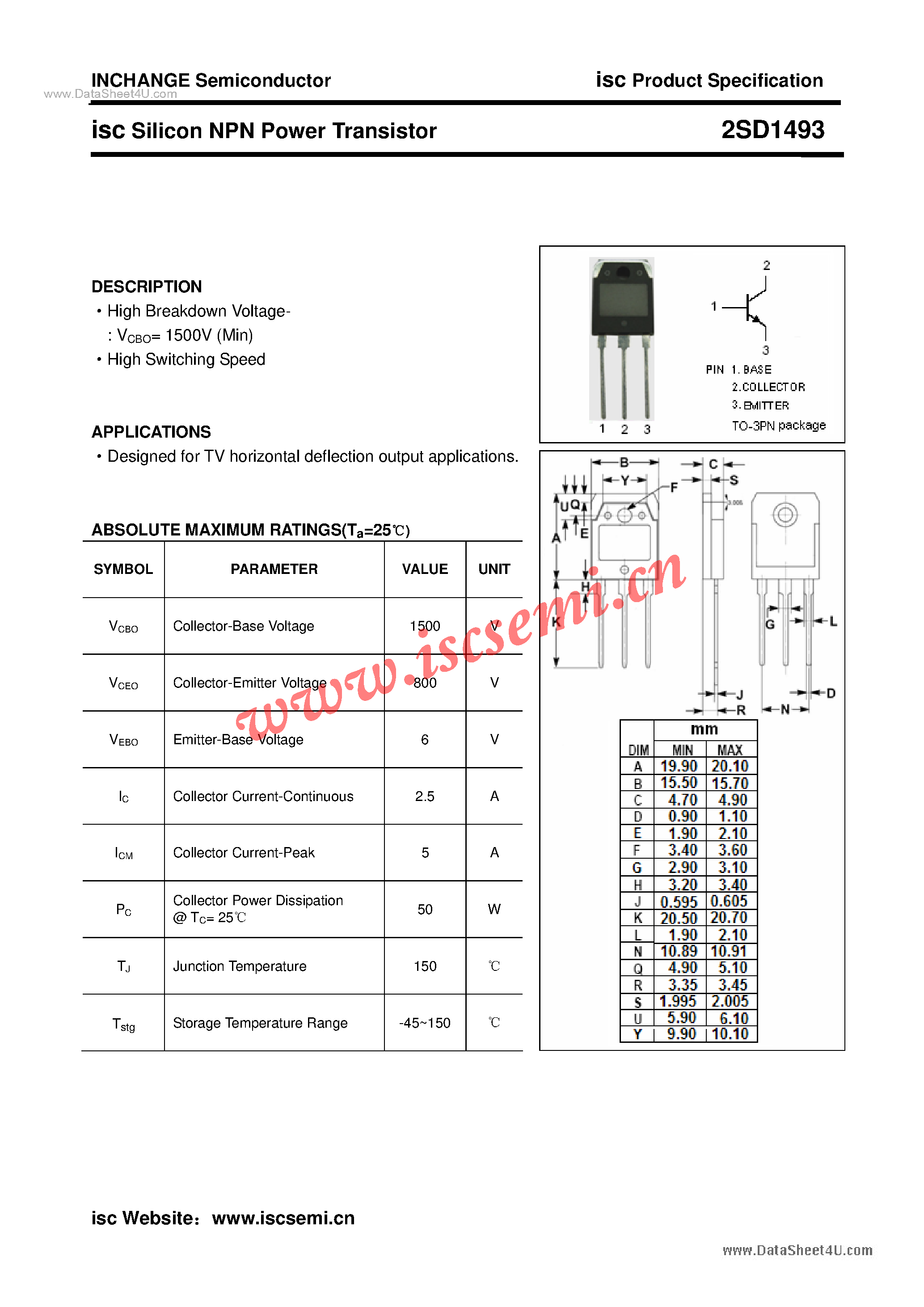 Datasheet 2SD1493 - Power Transistor page 1