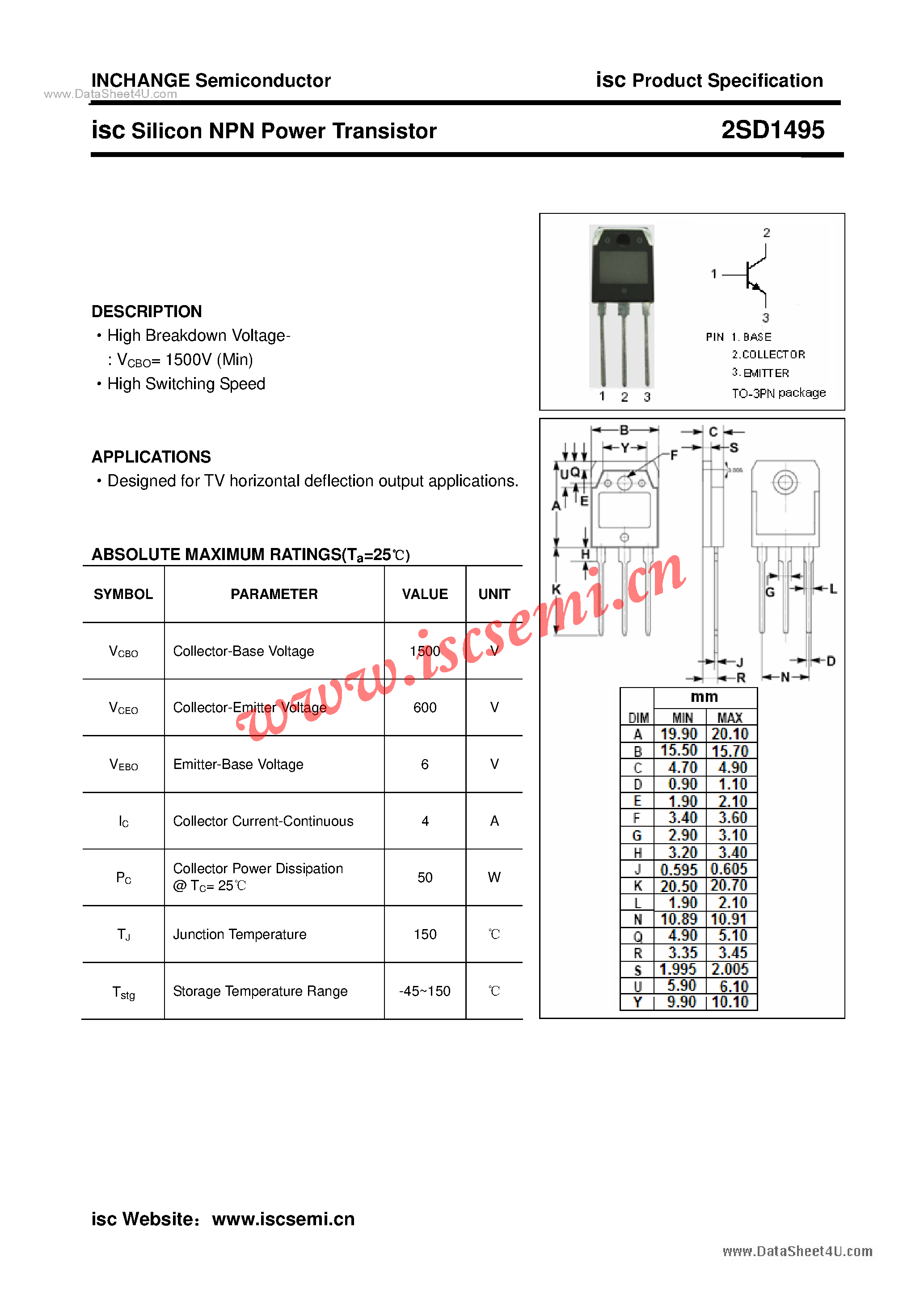 Datasheet 2SD1495 - Power Transistor page 1