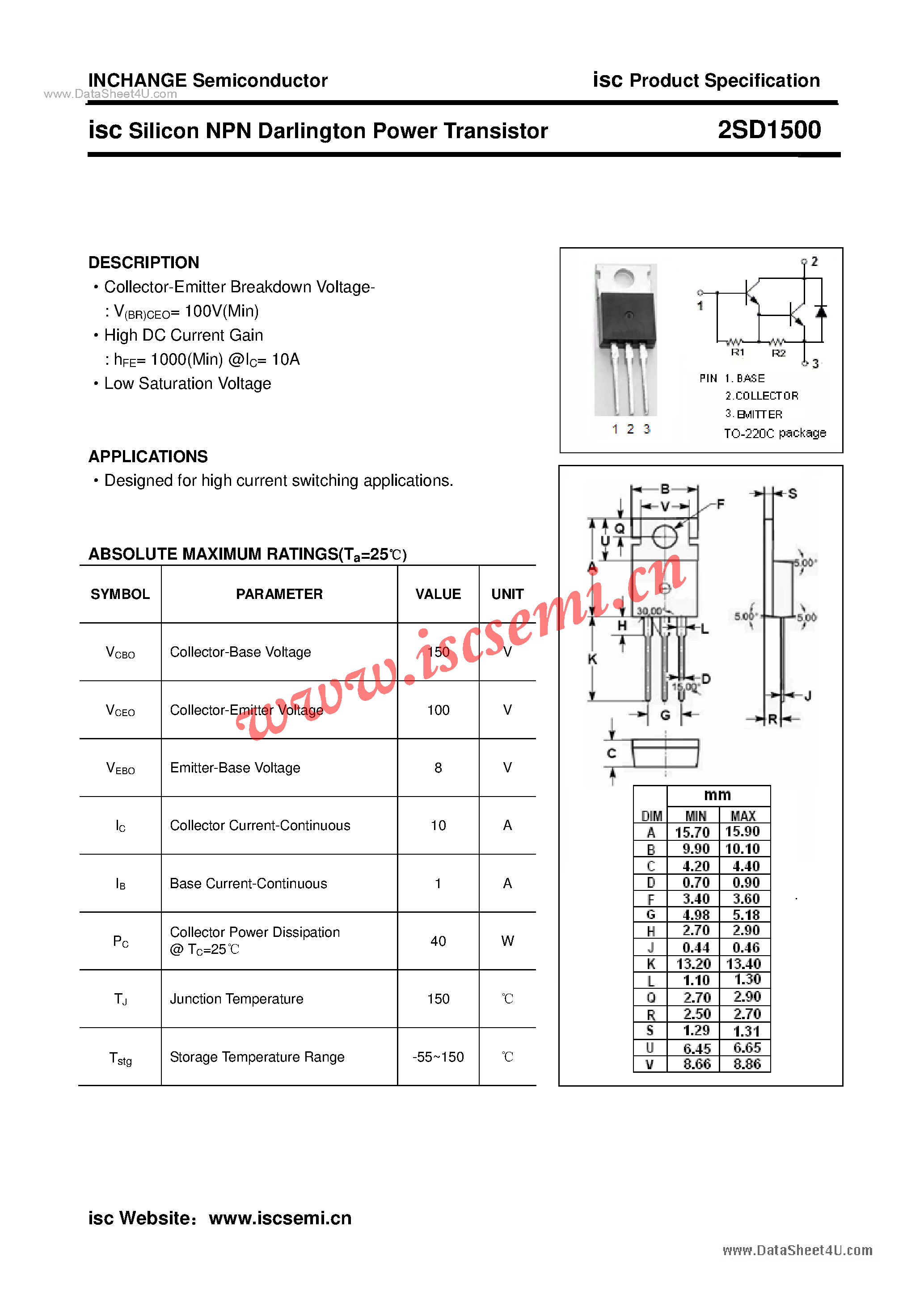 Datasheet 2SD1500 - Power Transistor page 1