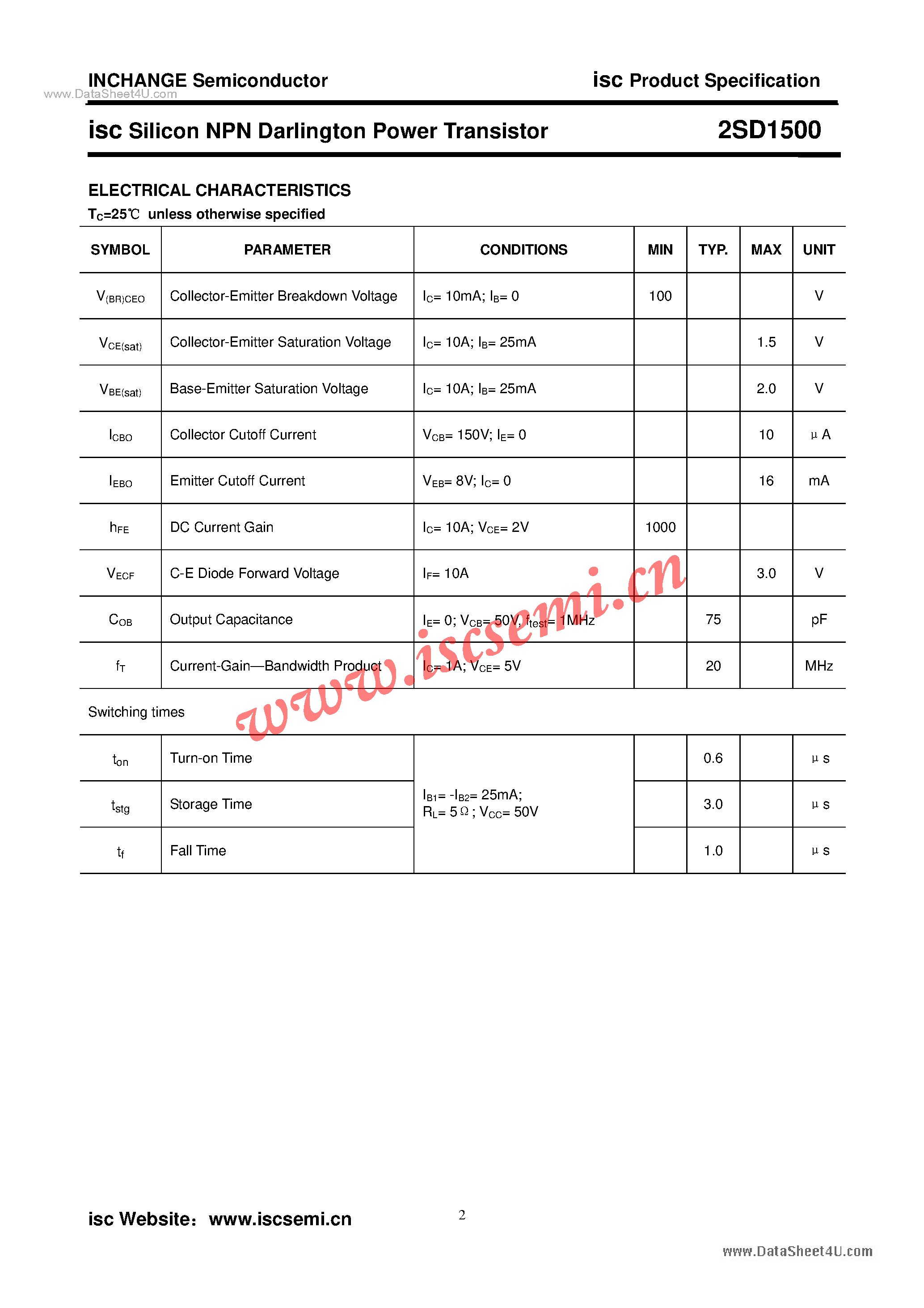 Datasheet 2SD1500 - Power Transistor page 2