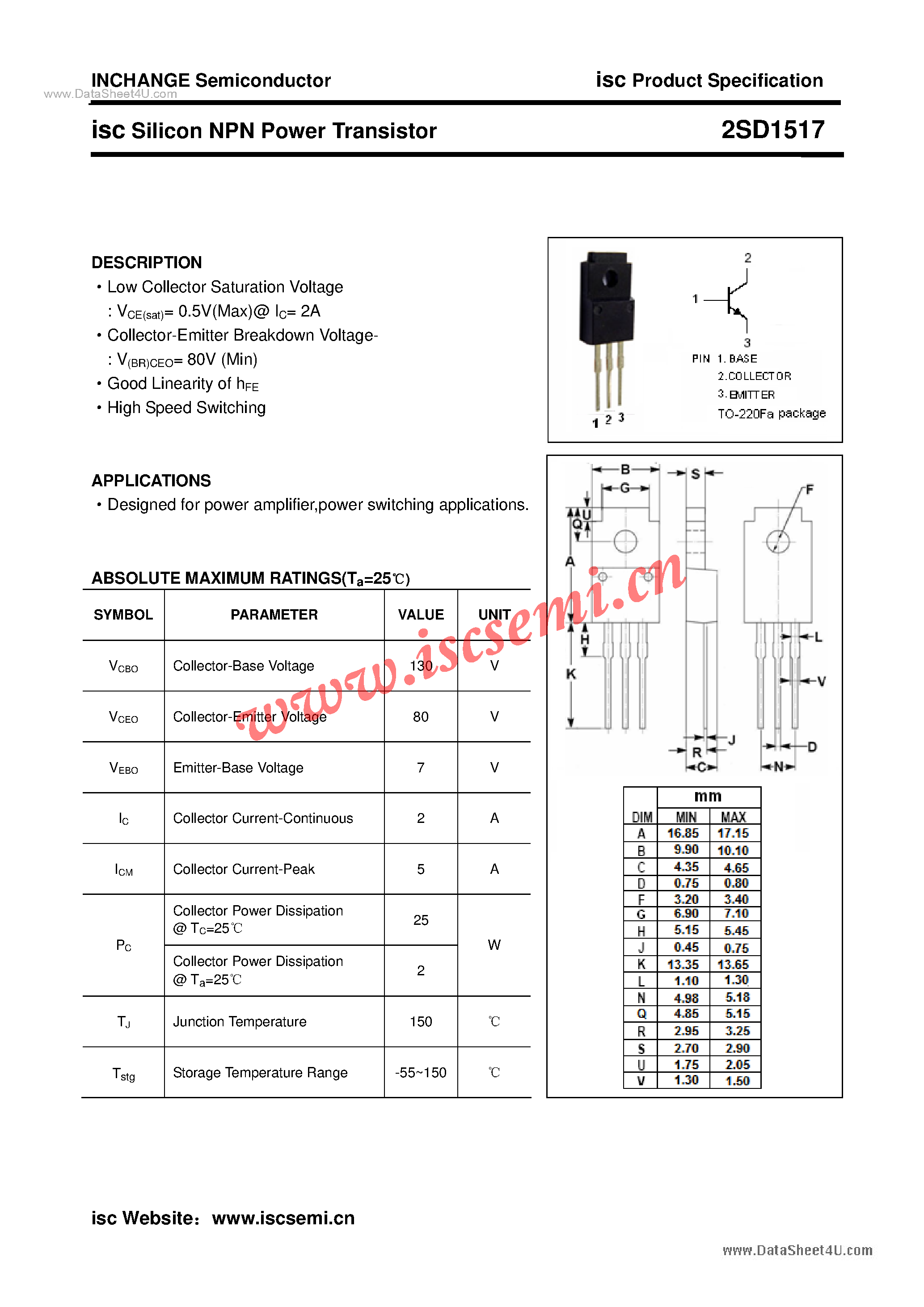 Datasheet 2SD1517 - Power Transistor page 1