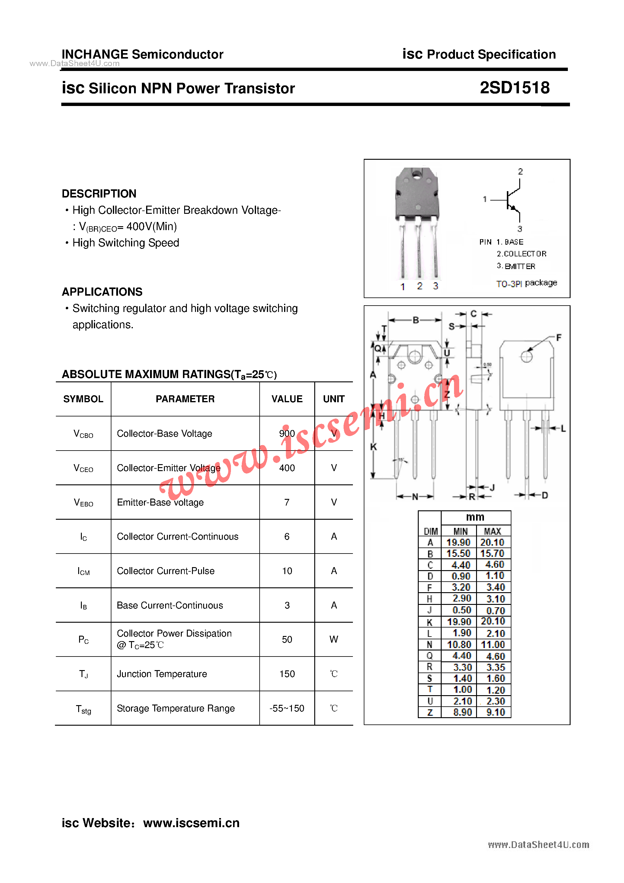 Datasheet 2SD1518 - Power Transistor page 1