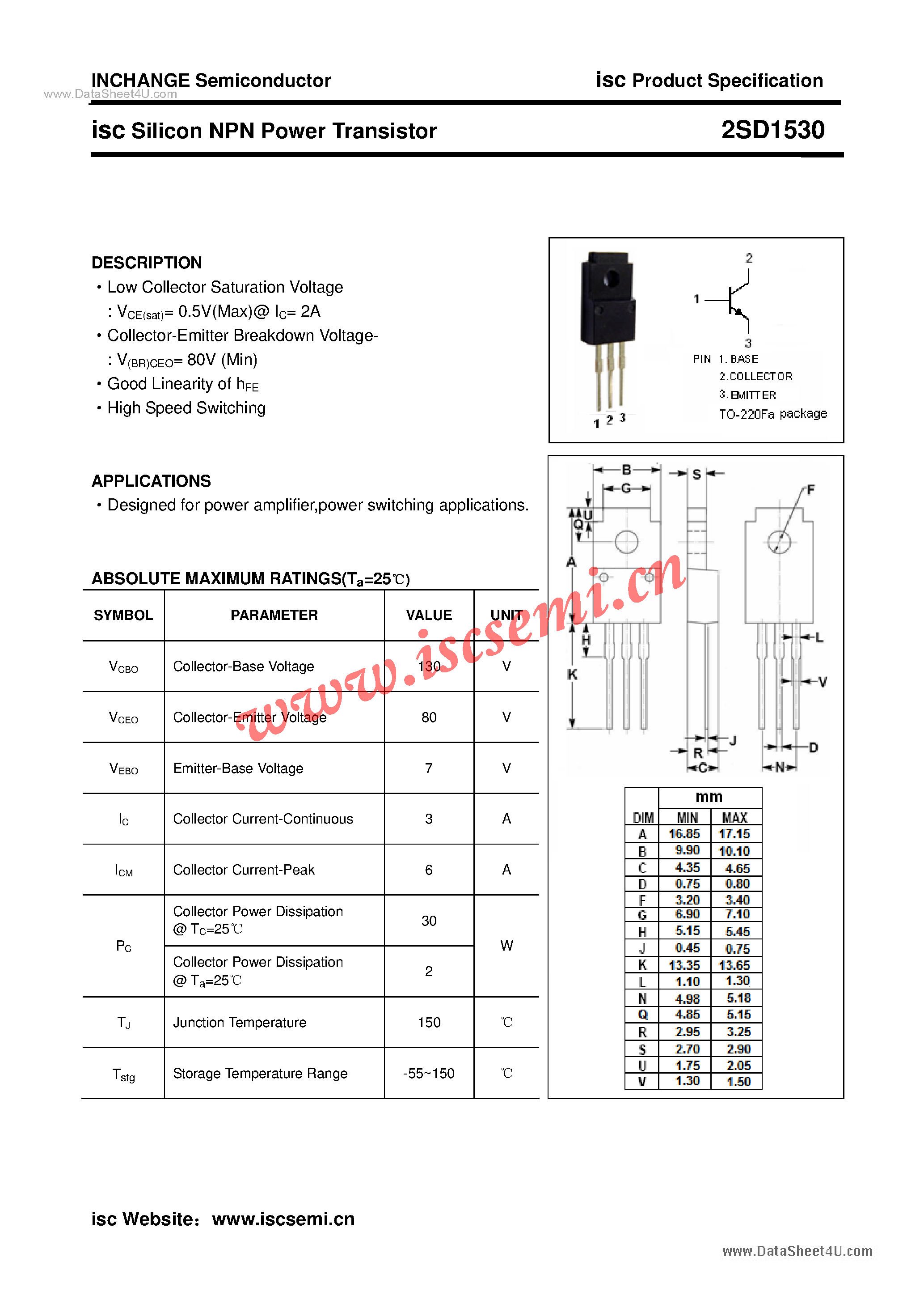 Datasheet 2SD1530 - Power Transistor page 1