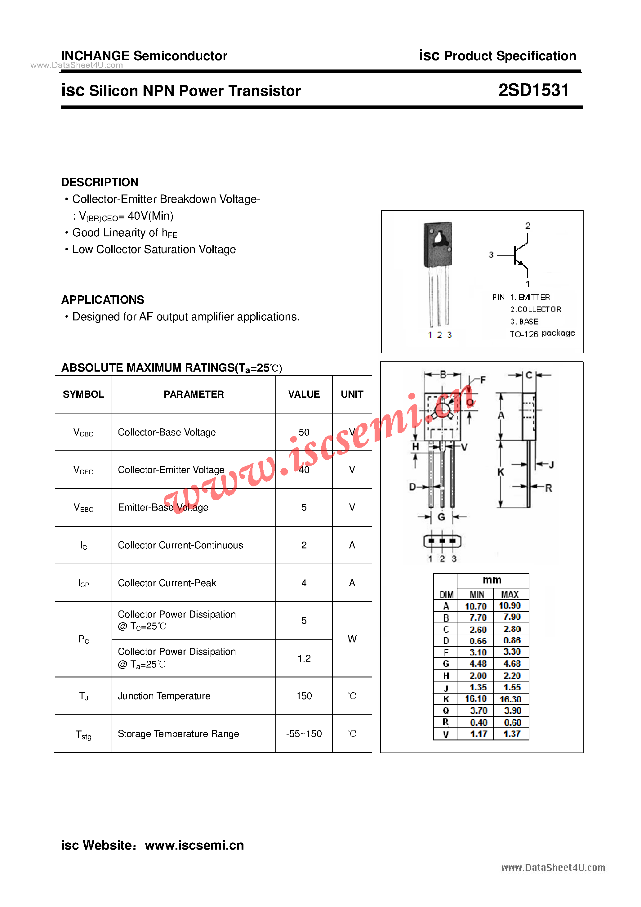 Datasheet 2SD1531 - Power Transistor page 1