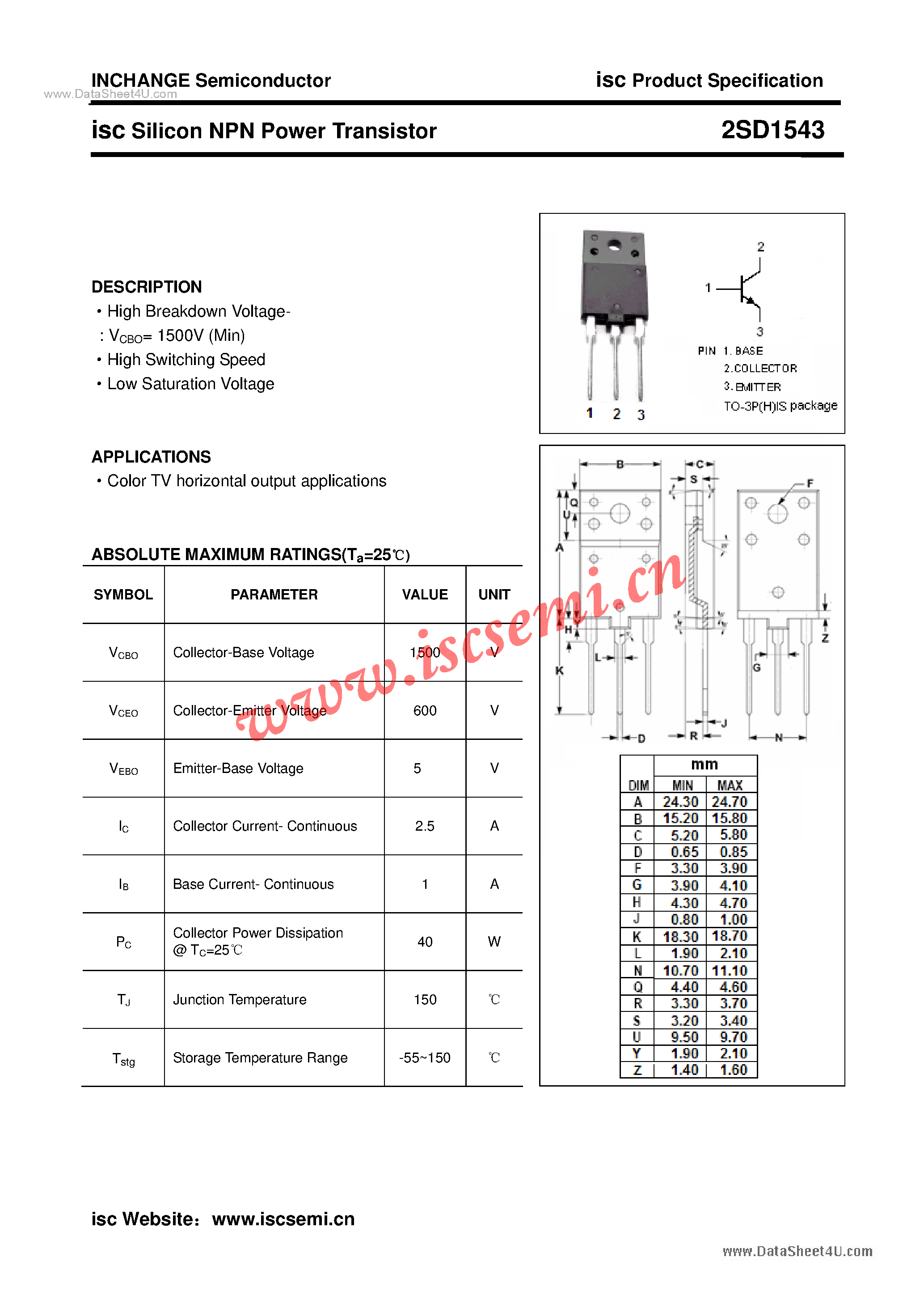 Datasheet 2SD1543 - Power Transistor page 1