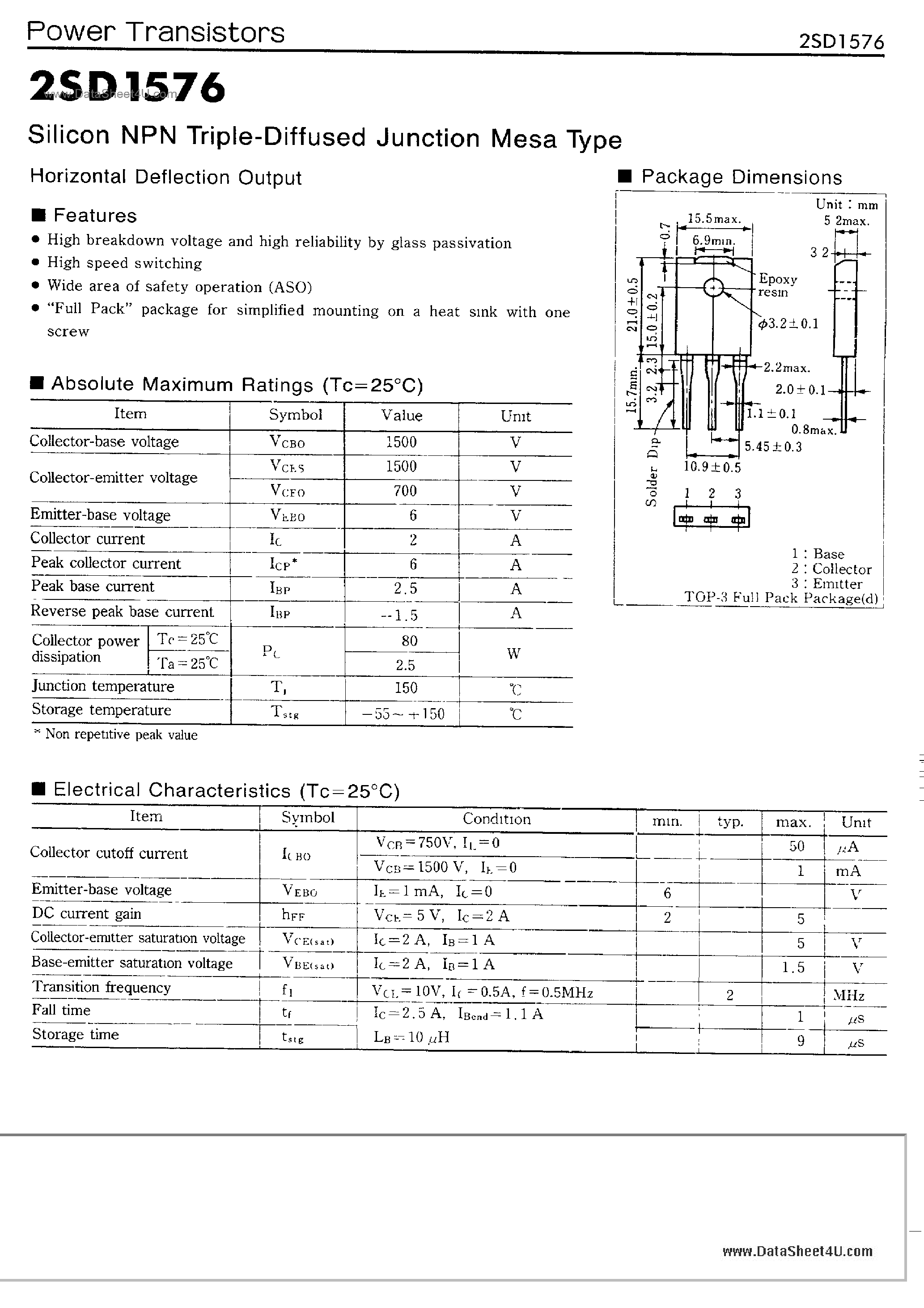 Datasheet 2SD1576 - Horizontal Deflection Output page 1