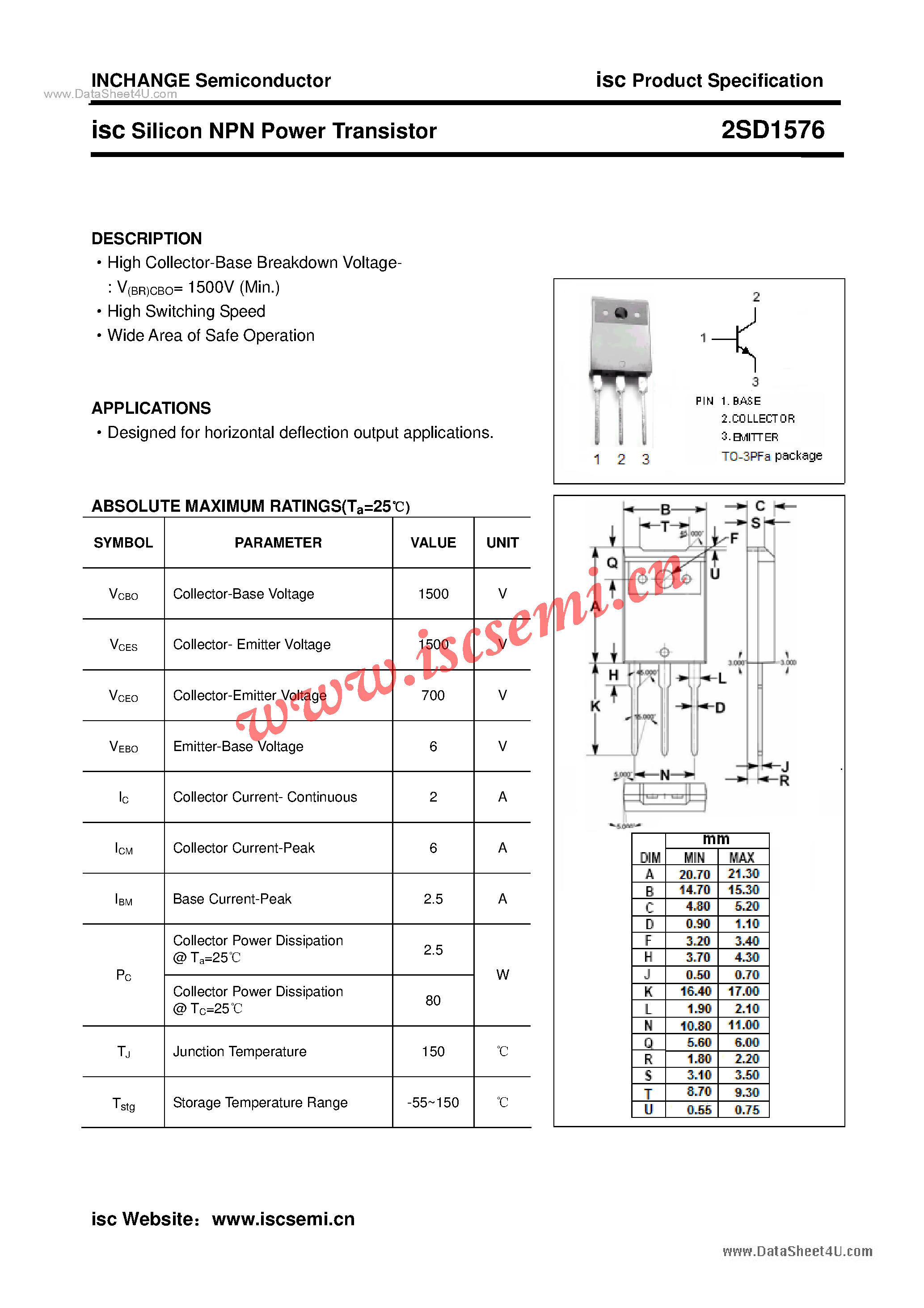 Datasheet 2SD1576 - Power Transistor page 1