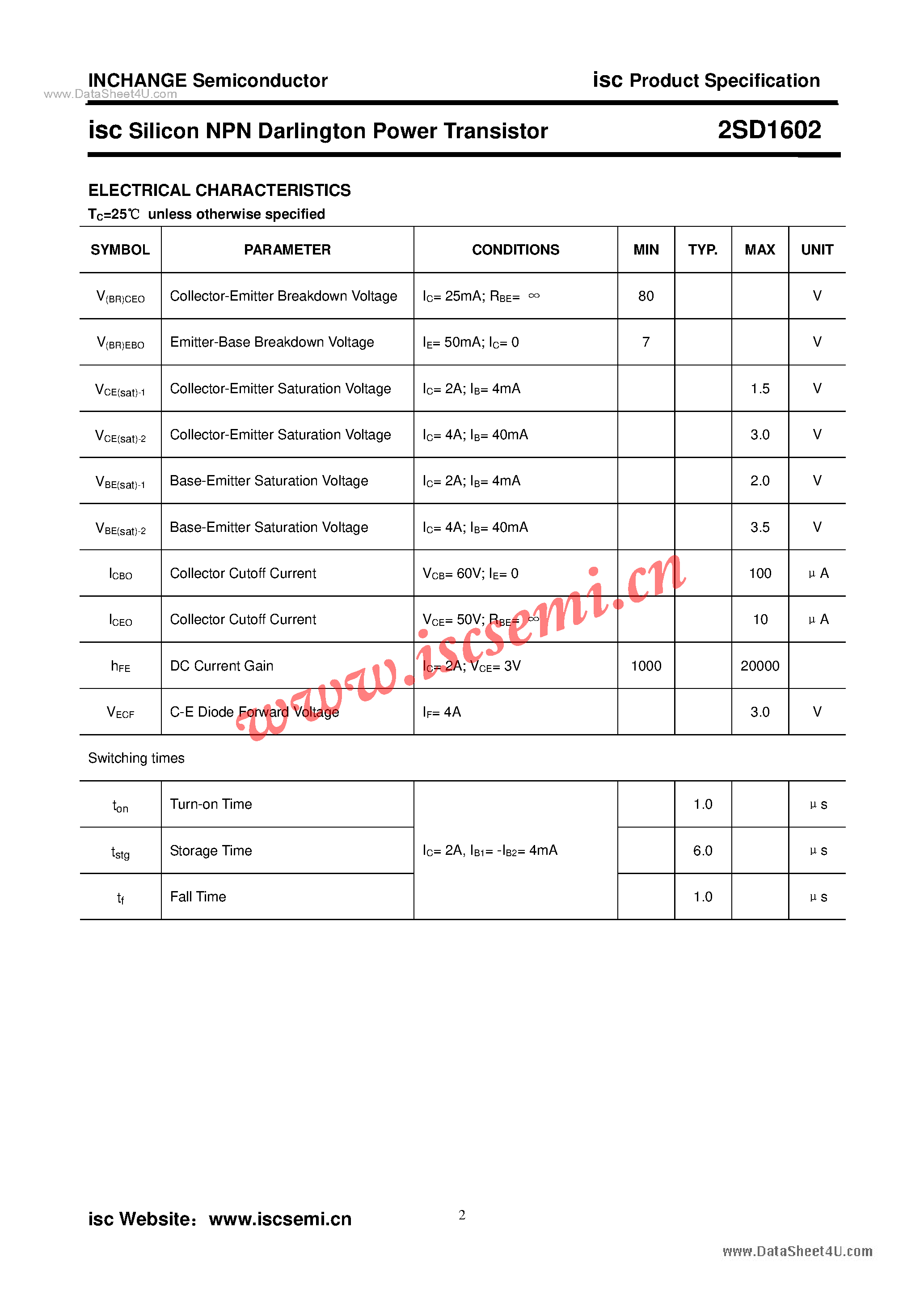 Datasheet 2SD1602 page 2 Datasheet 2SD1602 - Power Transistor page 2
