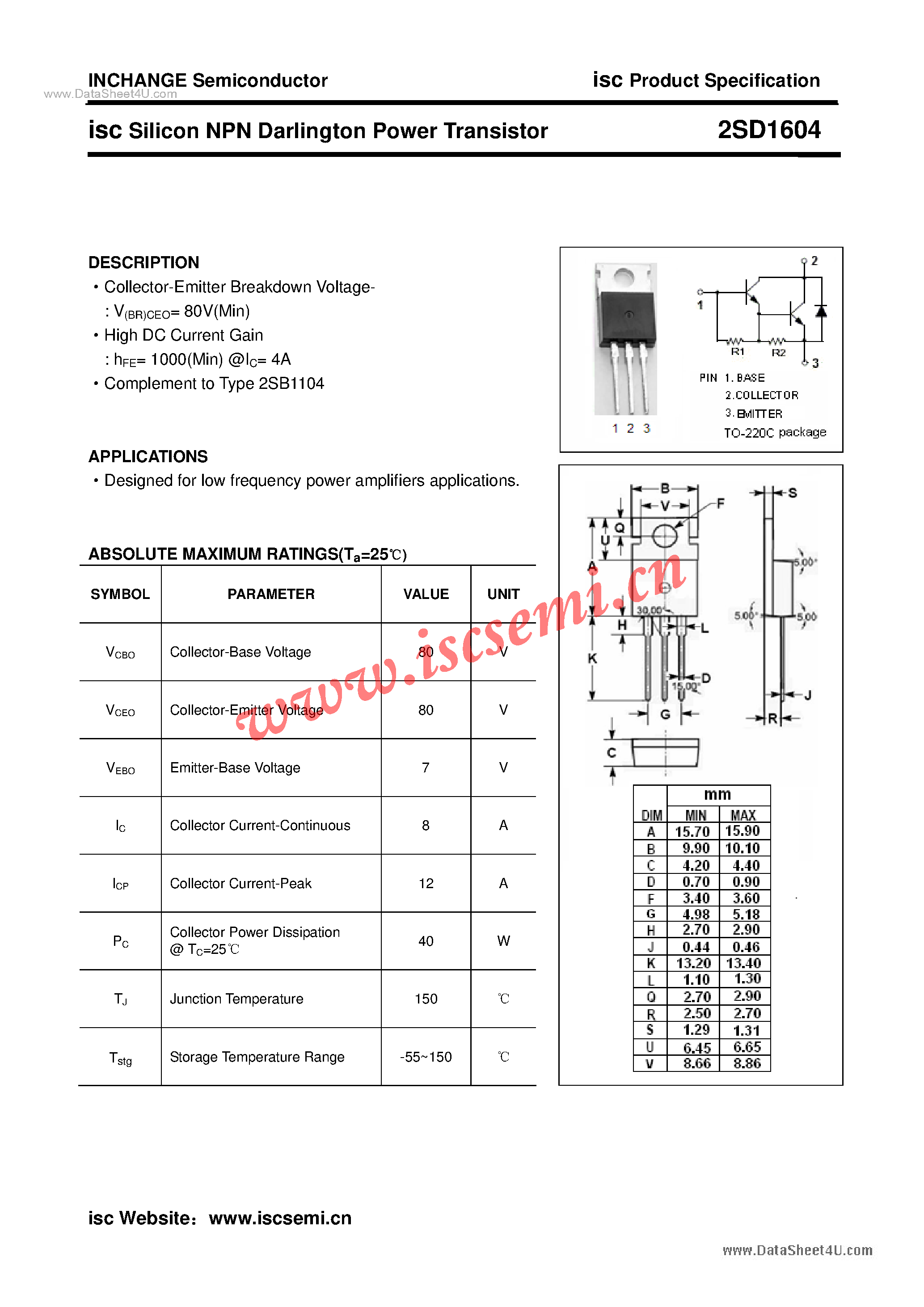 Datasheet 2SD1604 - Power Transistor page 1