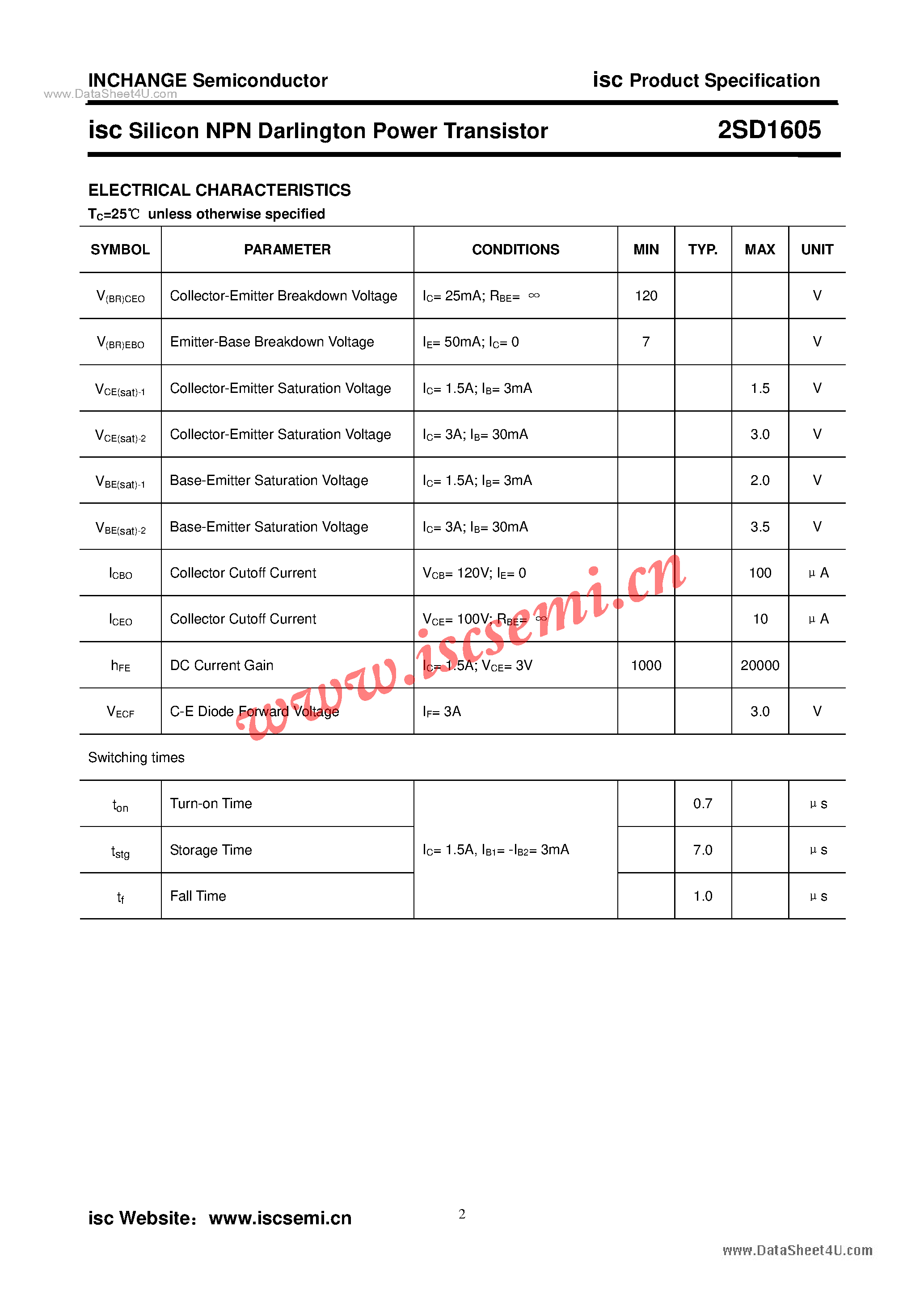 Datasheet 2SD1605 page 2 Datasheet 2SD1605 - Power Transistor page 2
