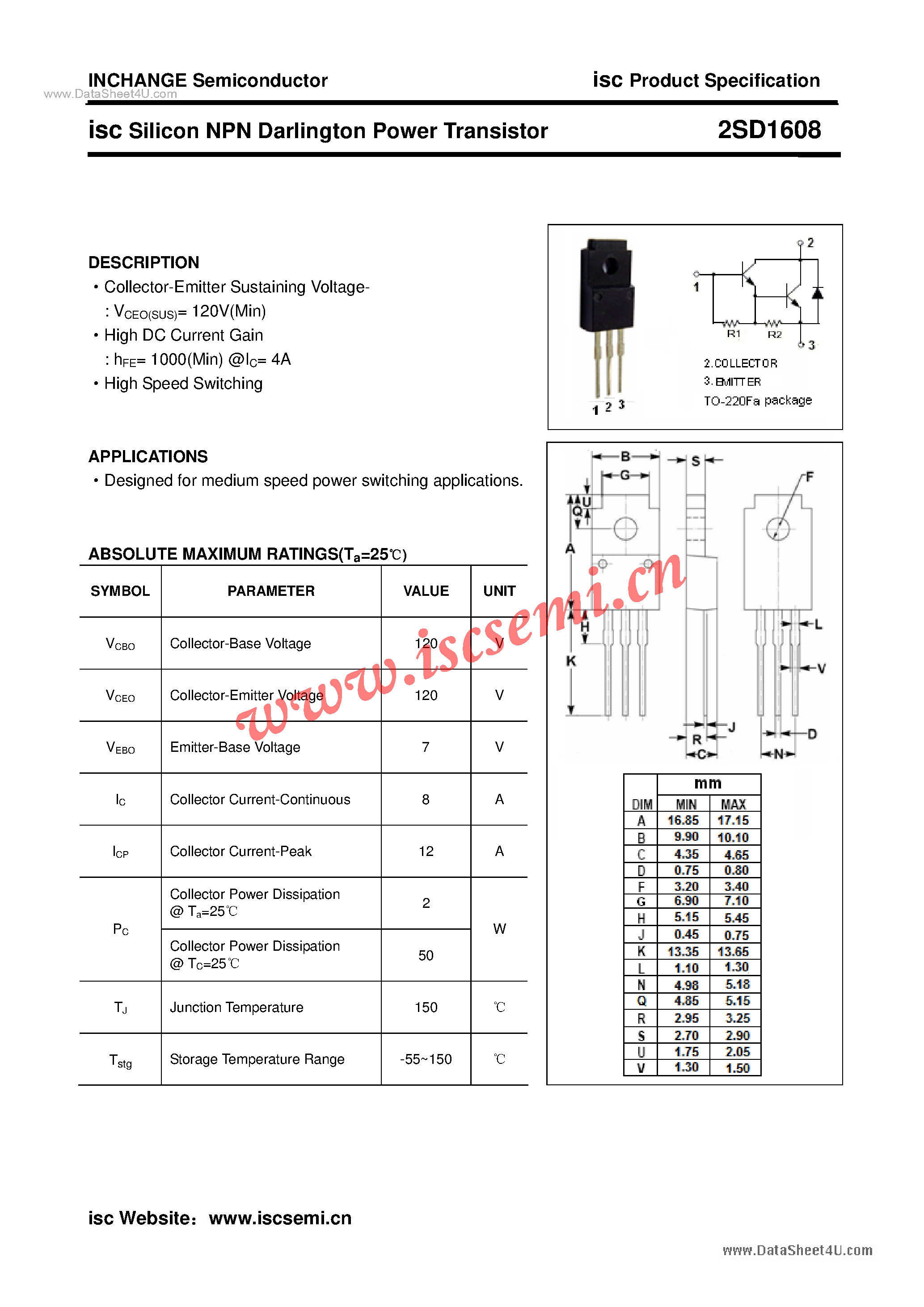 Datasheet 2SD1608 - Power Transistor page 1