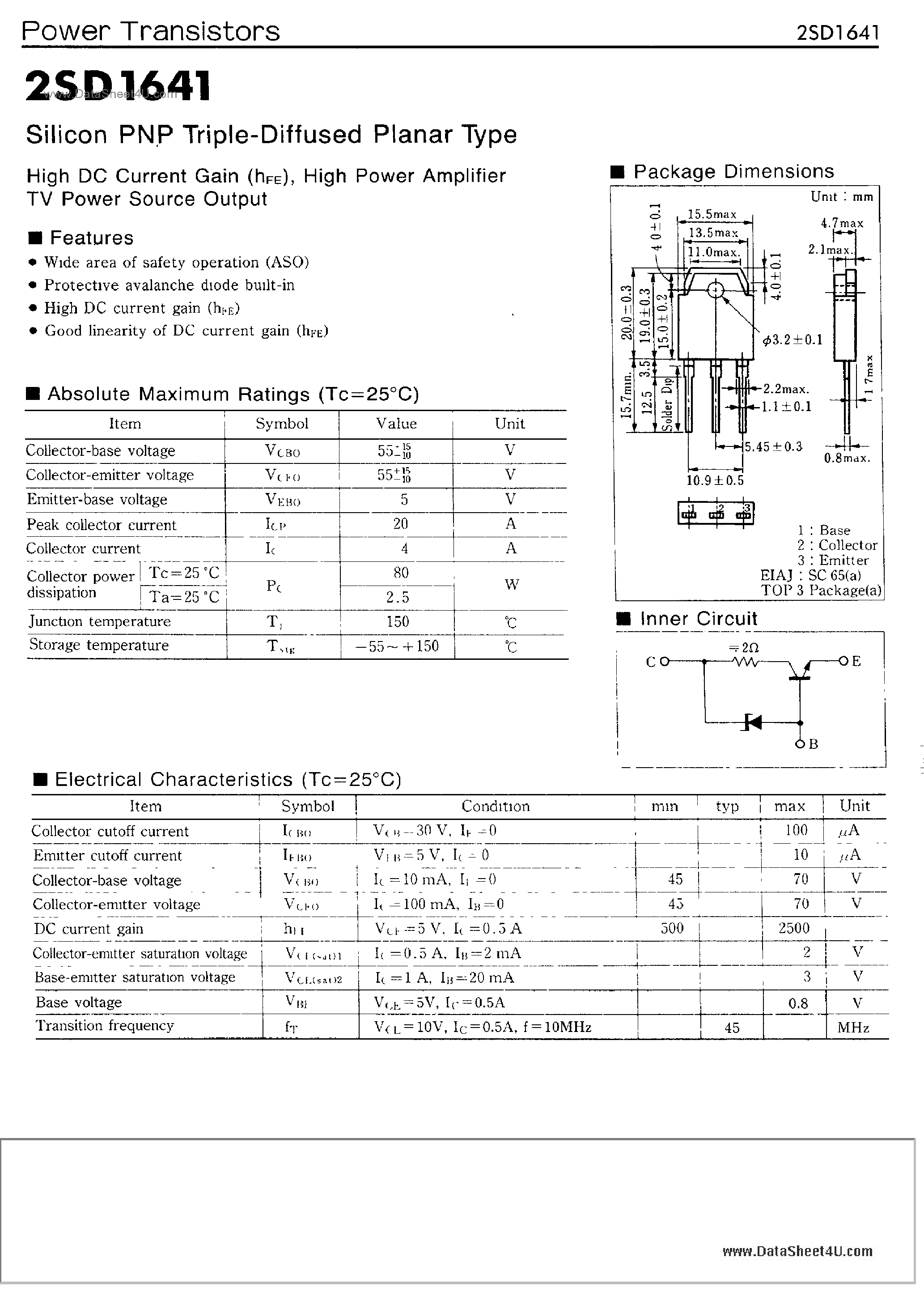 Datasheet 2SD1641 - SILICON PNP TRIPLE DIFFUSED PLANAR TYPE page 1